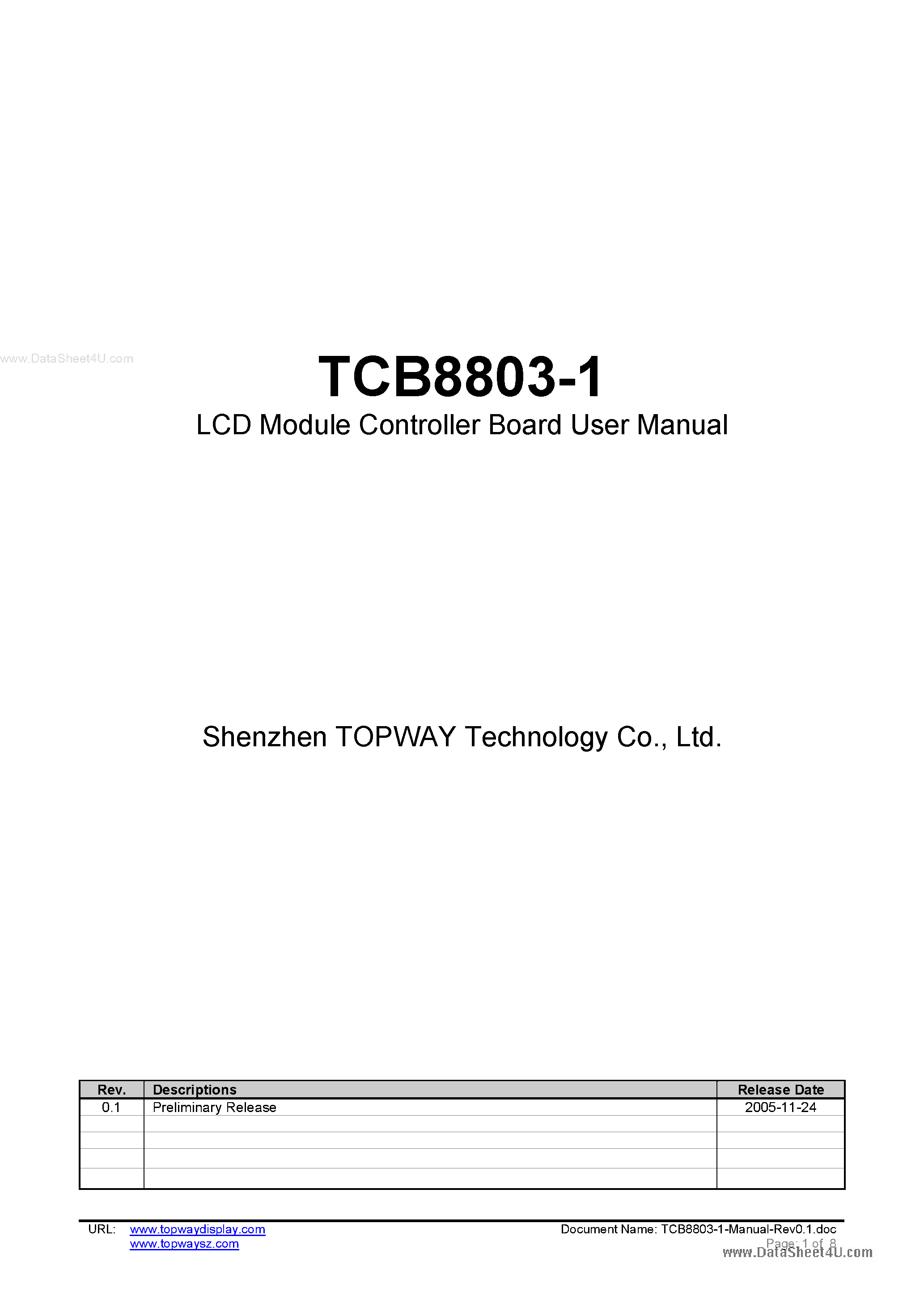 Datasheet TCB8803-1 page 1 Datasheet TCB8803-1 - RAiO RA8803 Controller Board page 1
