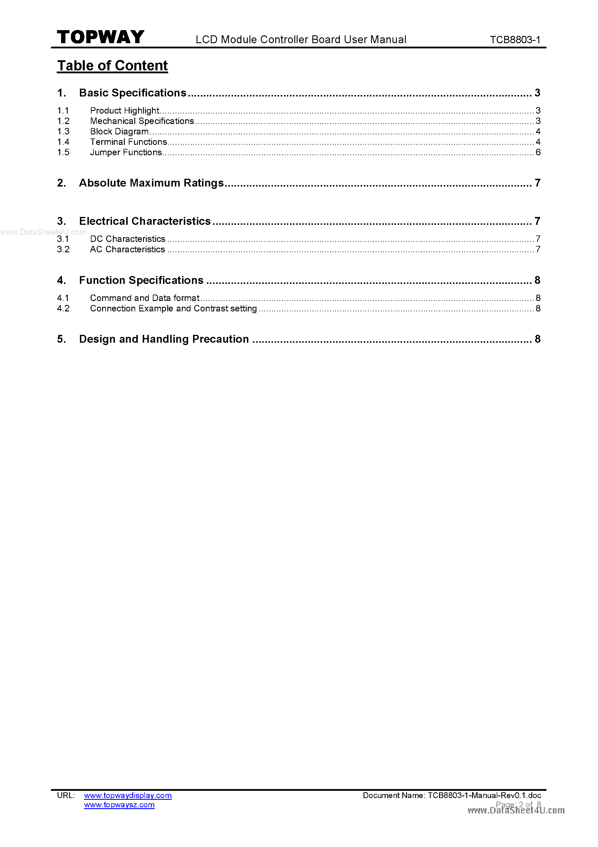 Datasheet TCB8803-1 page 2 Datasheet TCB8803-1 - RAiO RA8803 Controller Board page 2