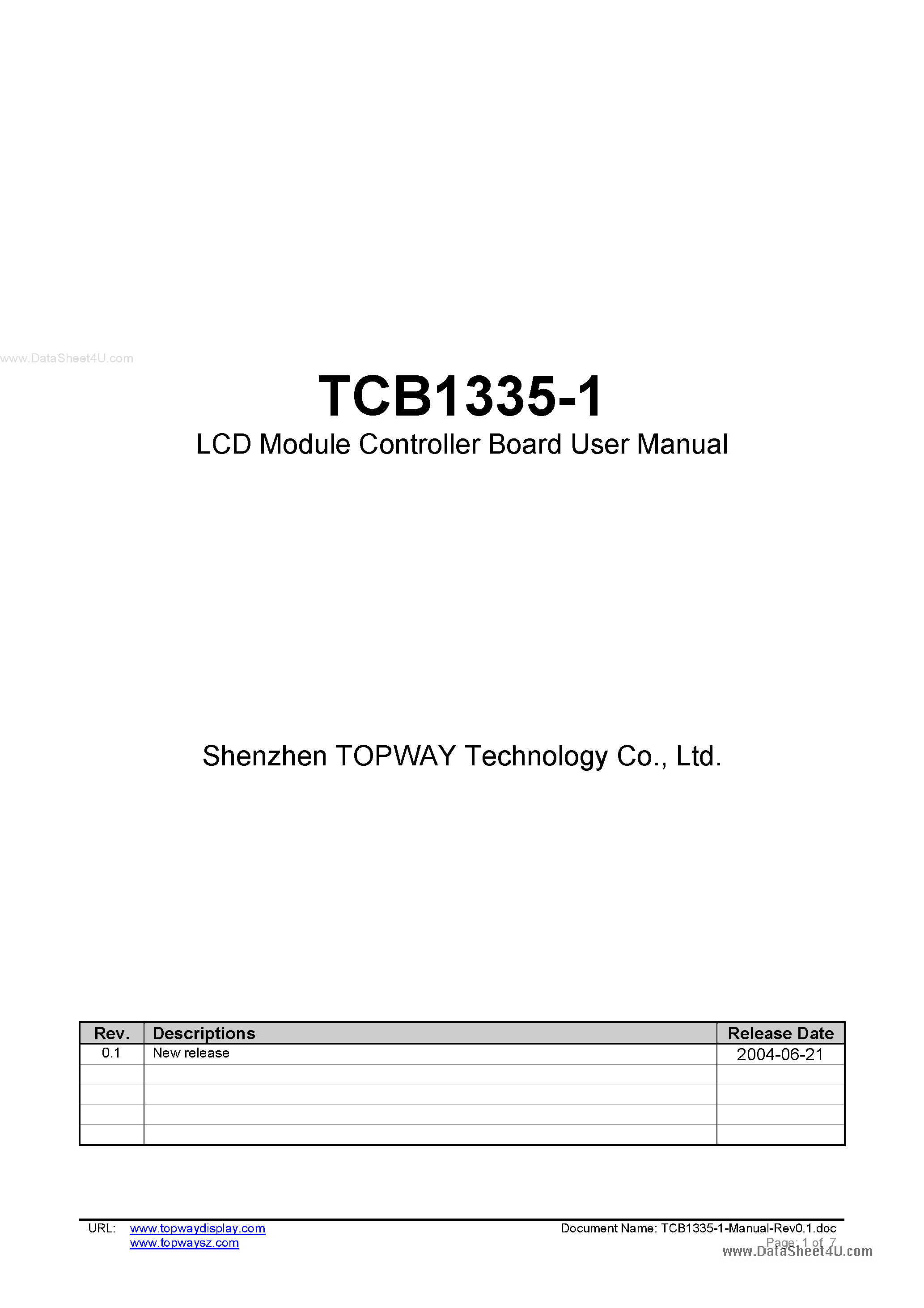 Datasheet TCB1335-1 - RA8835 Controller Board page 1