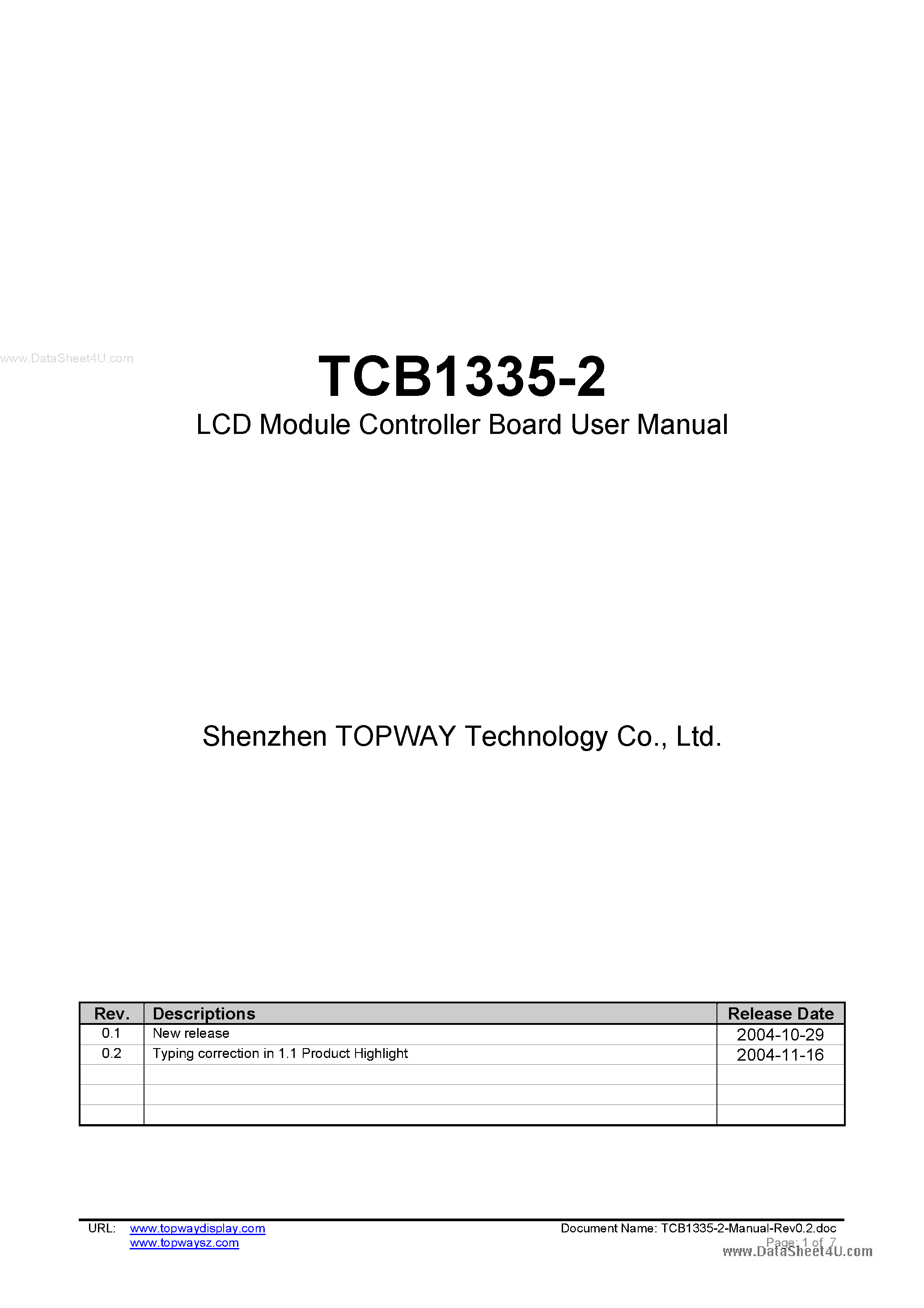 Datasheet TCB1335-2 - RA8835 Controller Board page 1