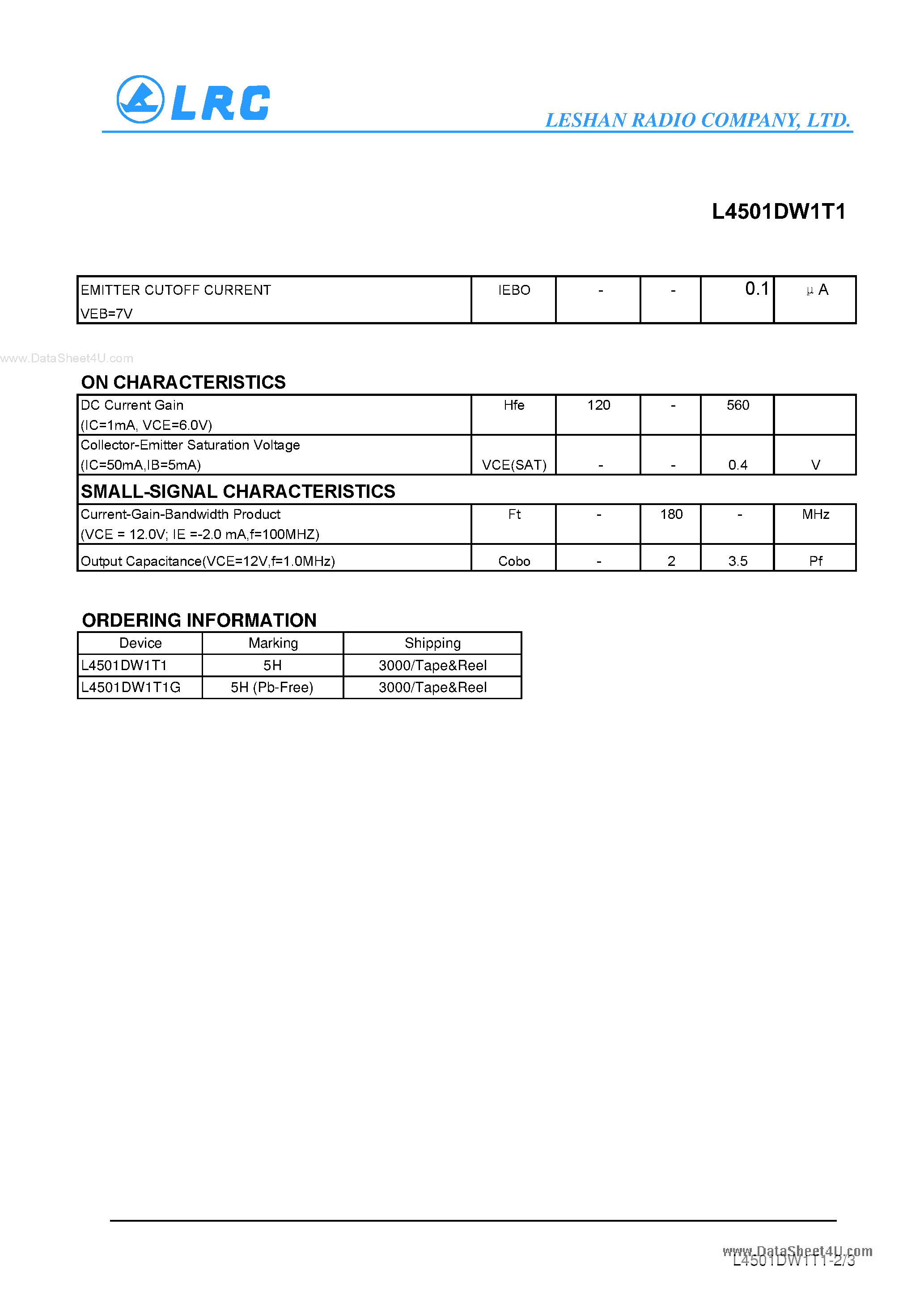 Даташит на микросхему L4501DW1T1 страница 2 Даташит L4501DW1T1 - Silicon NPN Epitaxial Planer Transistor страница 2