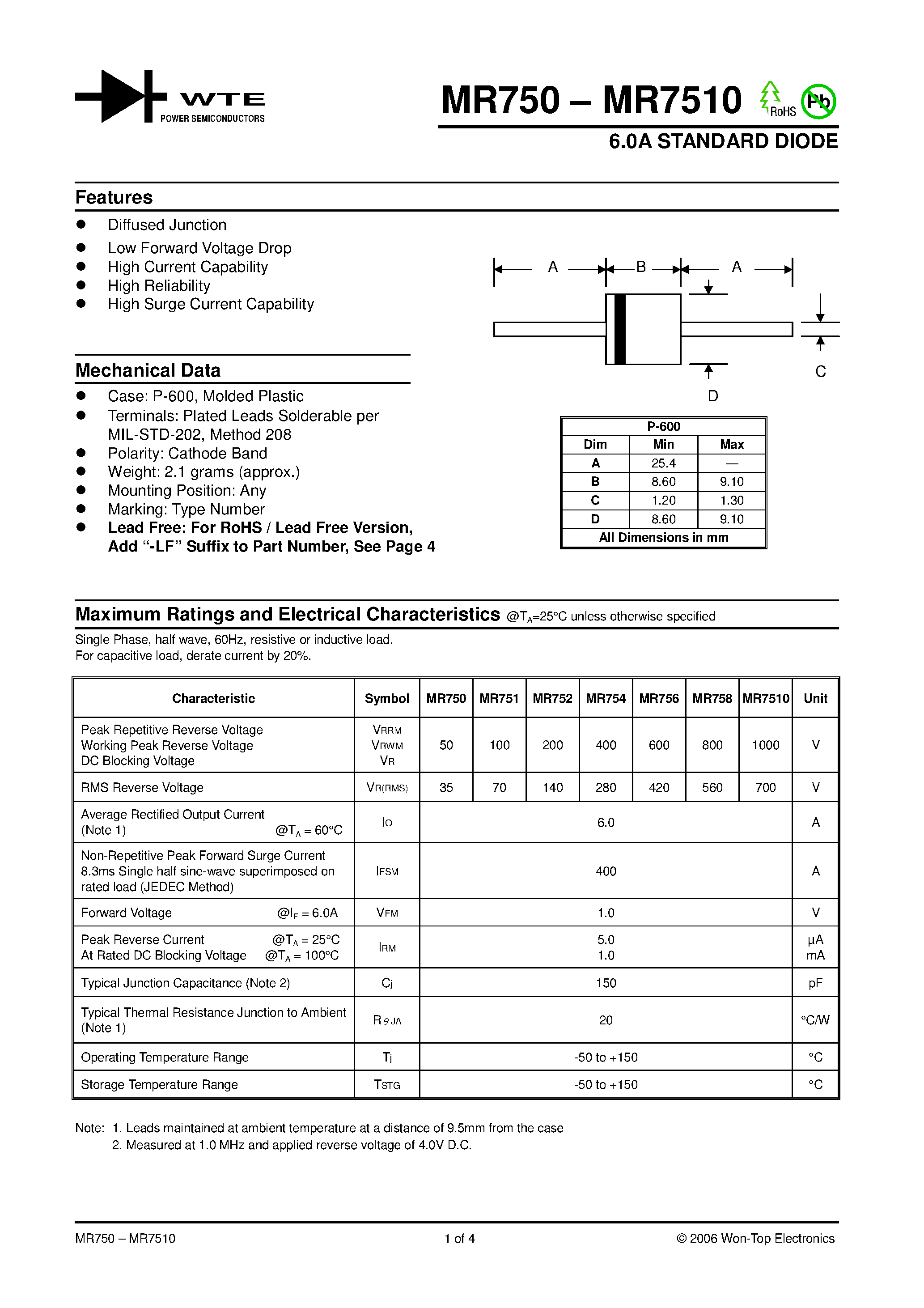 Datasheet MR750 page 1 Datasheet MR750 - (MR750 - MR7510) 6.0A STANDARD DIODE page 1