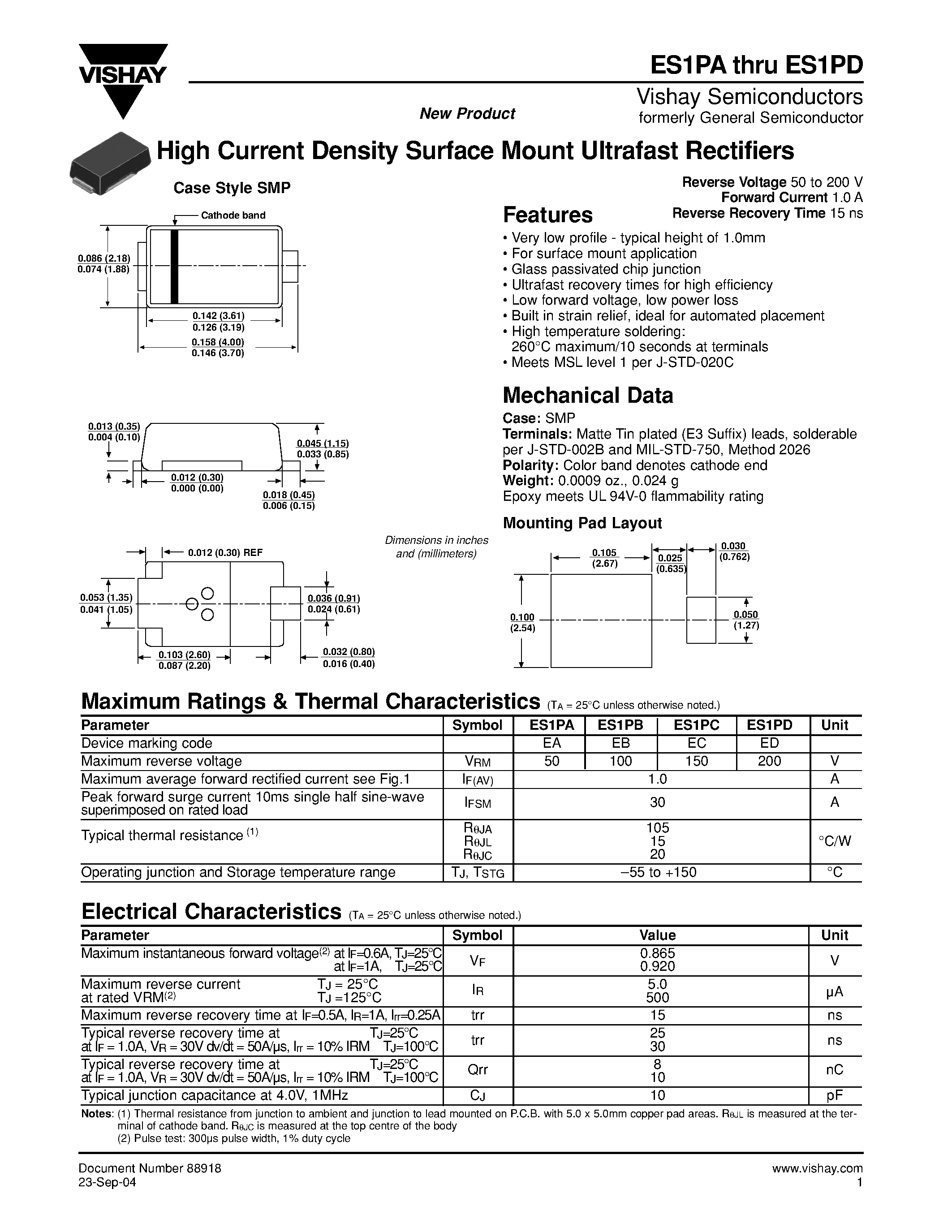 Datasheet ES1PA - (ES1Px) High Current Density Surface Mount Ultrafast Rectifiers page 1