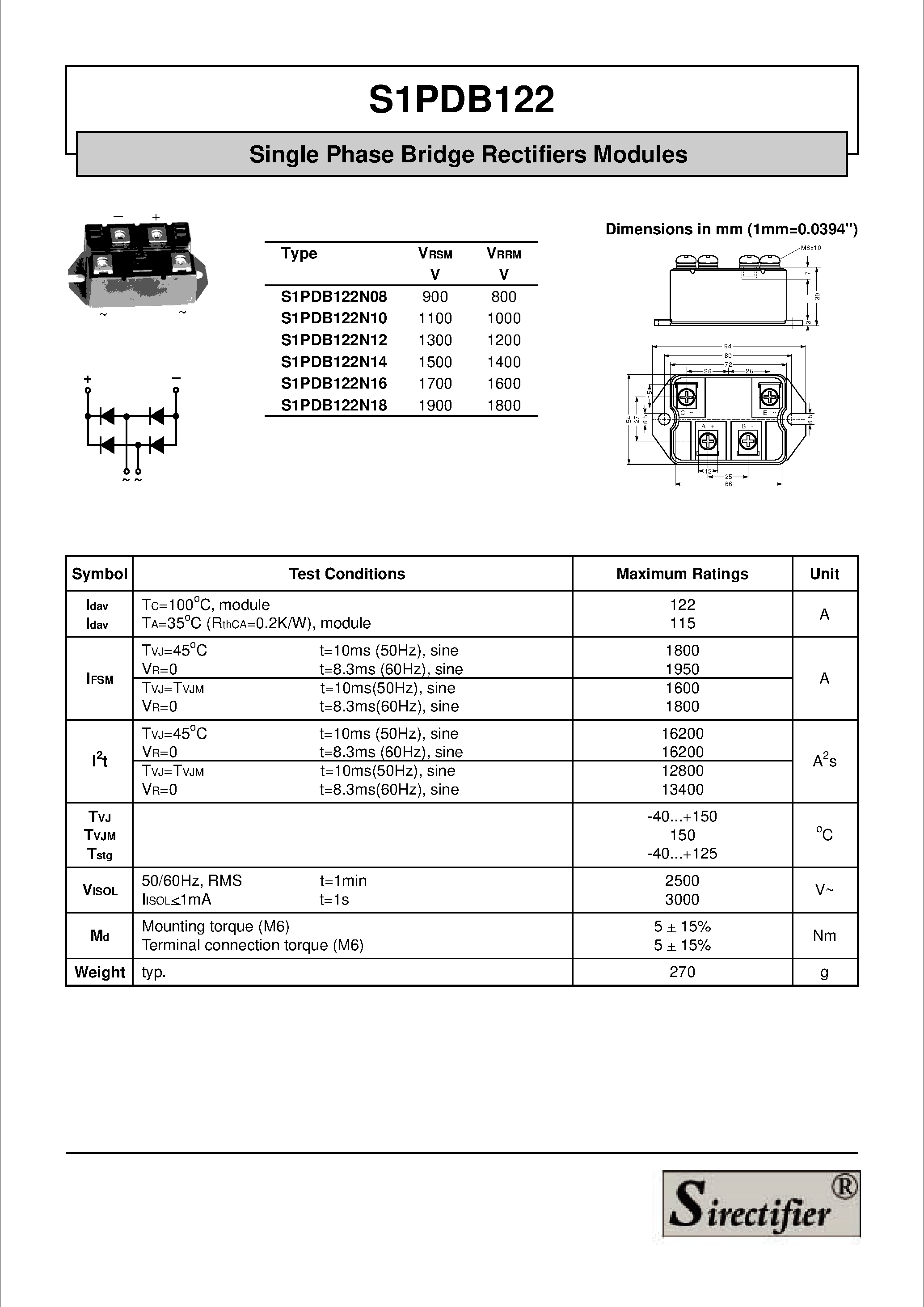 Datasheet S1PDB122 page 1 Datasheet S1PDB122 - Single Phase Bridge Rectifiers Modules page 1