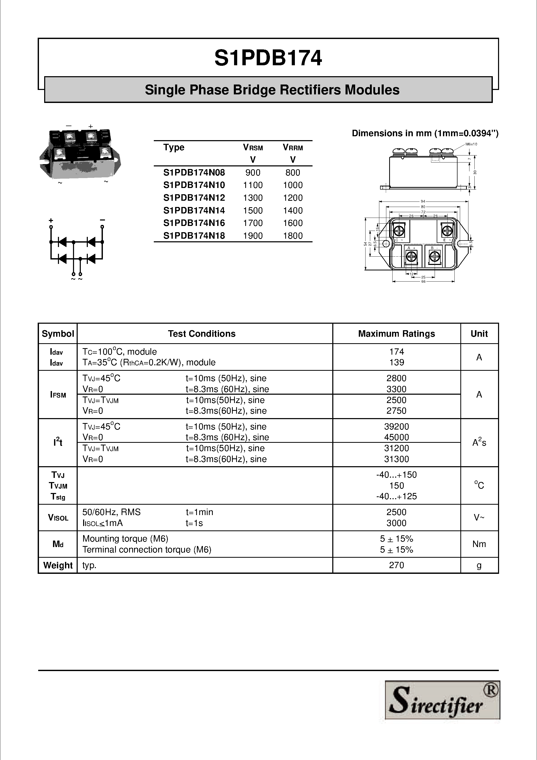 Datasheet S1PDB174 page 1 Datasheet S1PDB174 - Single Phase Bridge Rectifiers Modules page 1