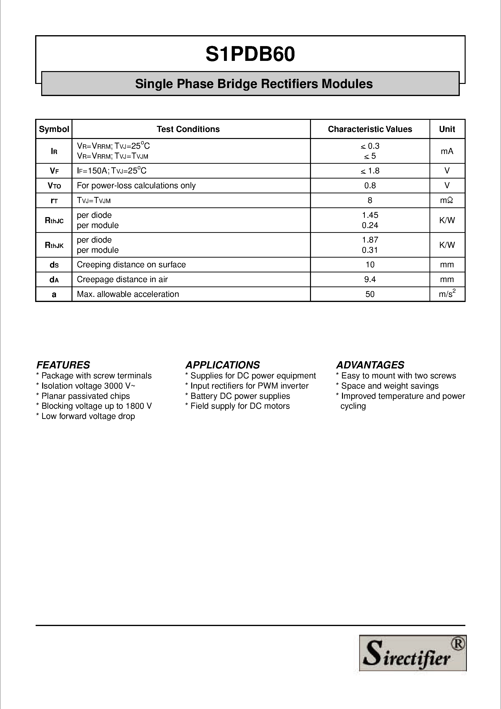 Datasheet S1PDB60 page 2 Datasheet S1PDB60 - Single Phase Bridge Rectifiers Modules page 2