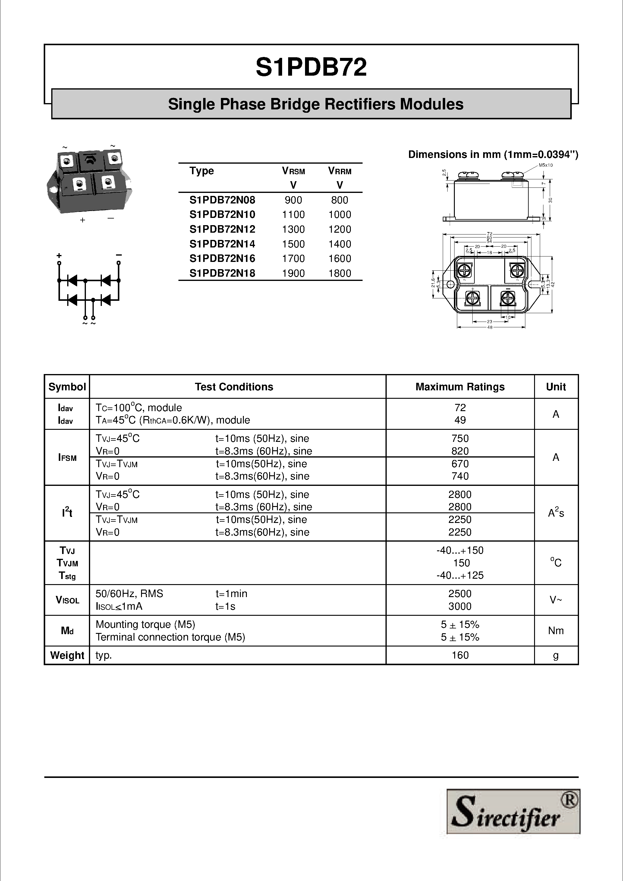 Datasheet S1PDB72 page 1 Datasheet S1PDB72 - Single Phase Bridge Rectifiers Modules page 1