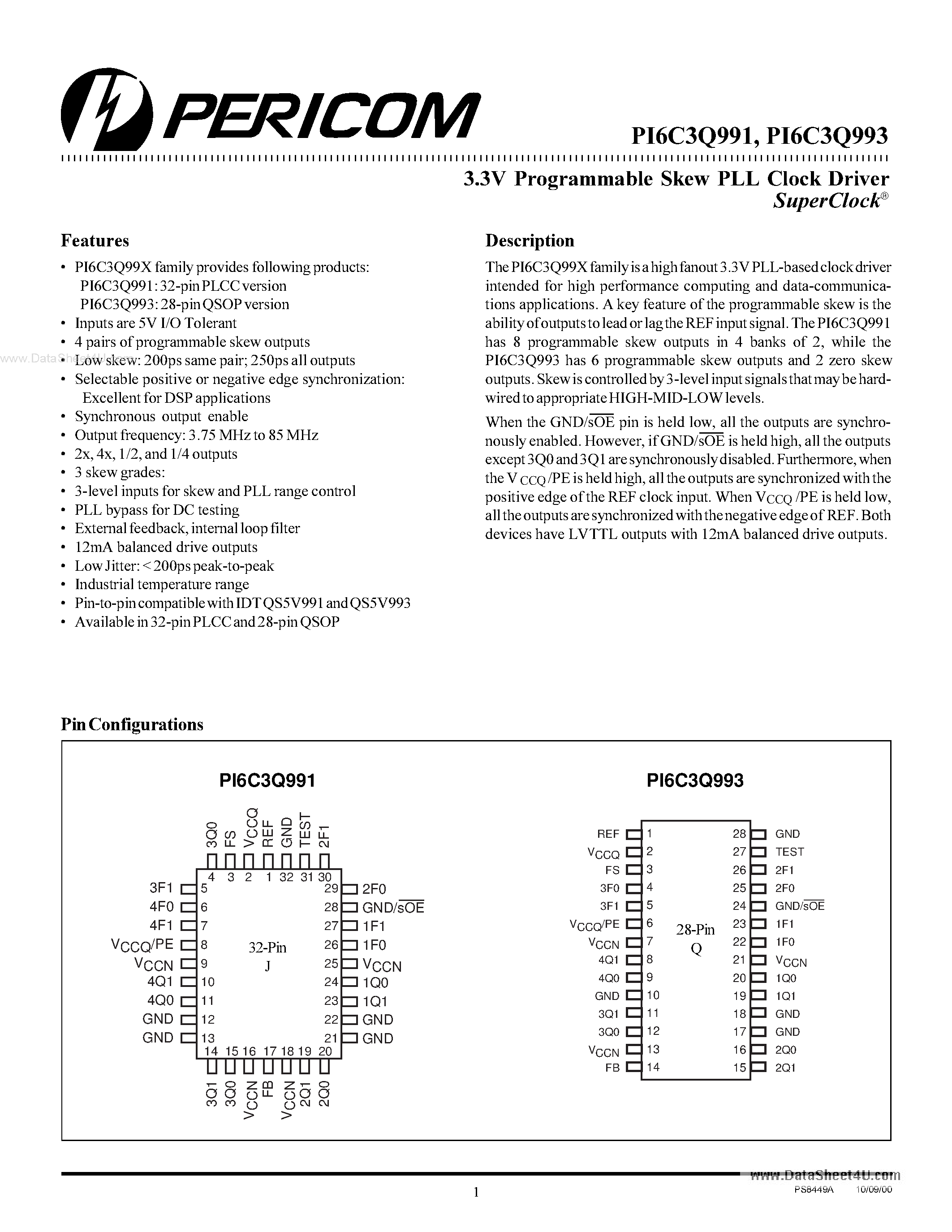 Datasheet PI6C3Q991 page 1 Datasheet PI6C3Q991 - (PI6C3Q991 / PI6C3Q993) 3.3V Programmable Skew PLL Clock Driver page 1