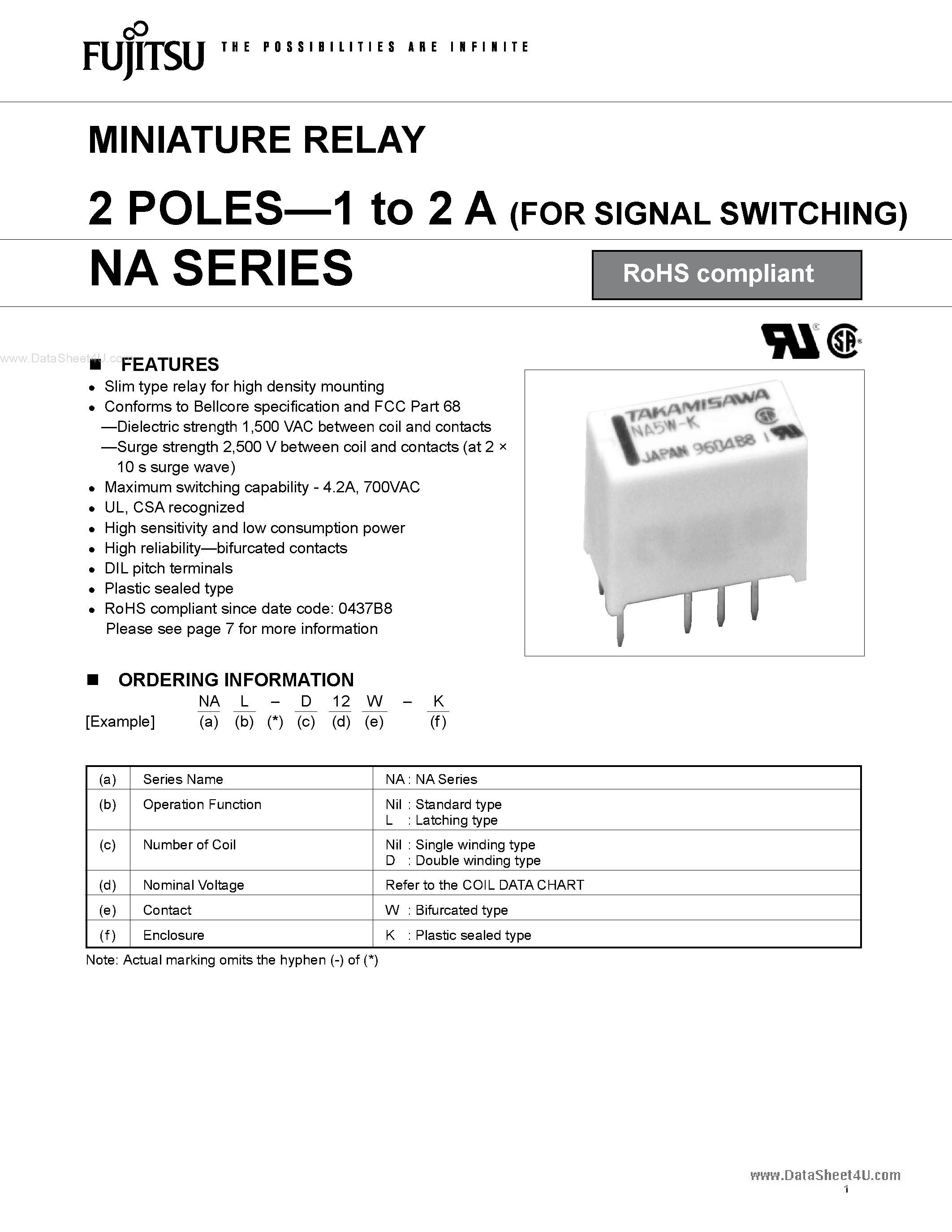 Datasheet NA12W-K page 1 Datasheet NA12W-K - Miniature Relay page 1