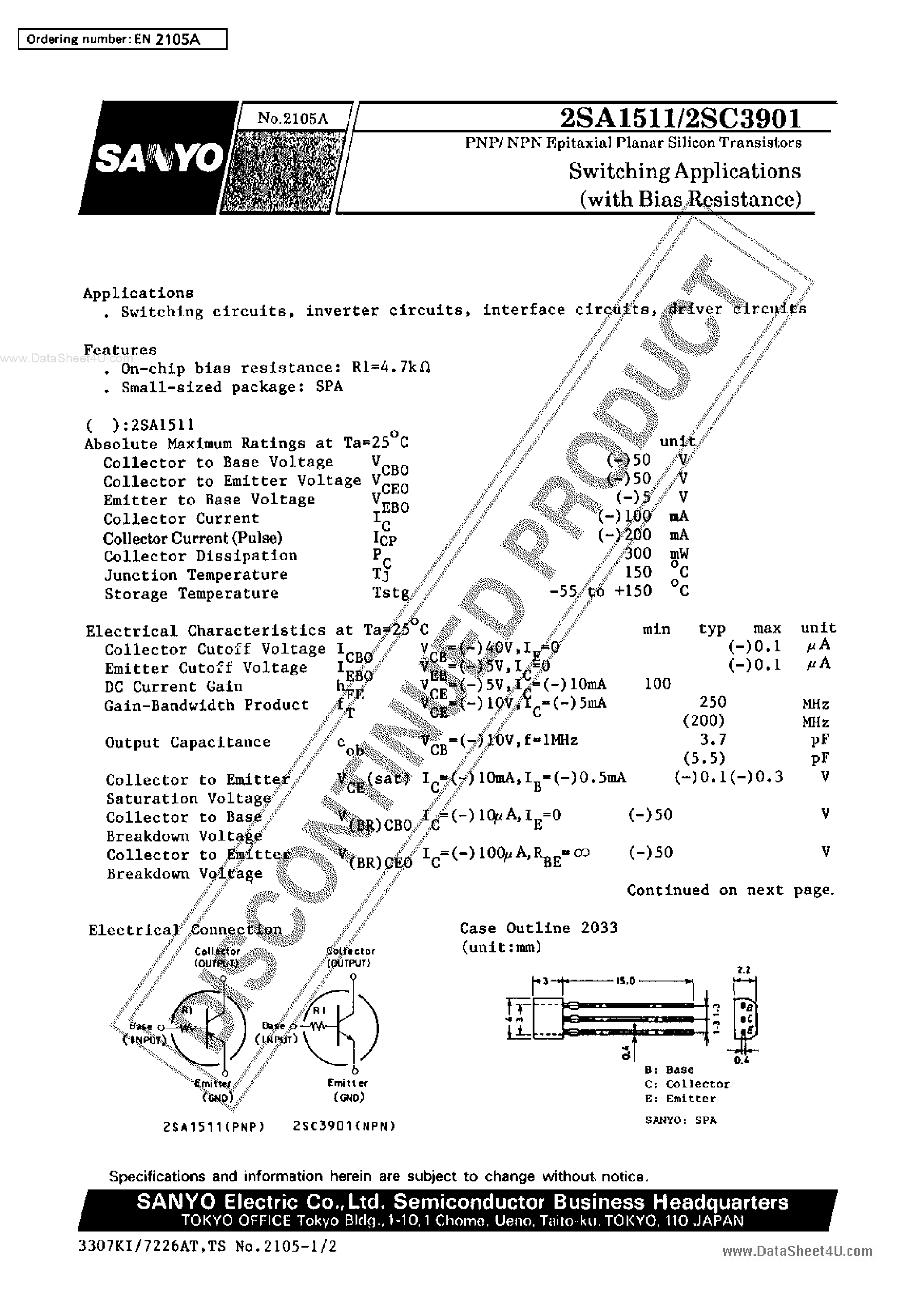 Datasheet 2SA1511 - PNP / NPN EPITAXIAL PLANAR SILICON TRANSISTORS page 1