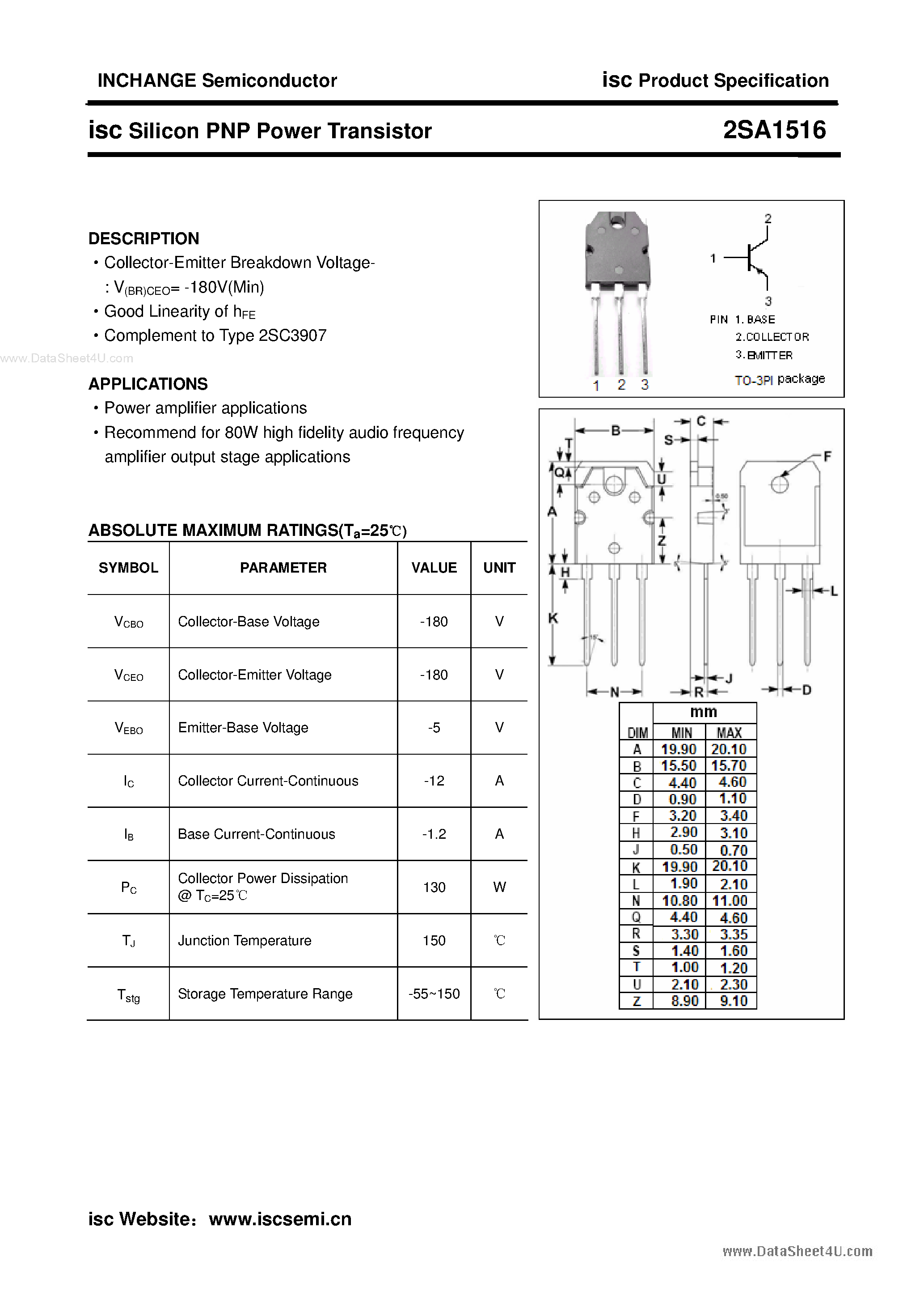Datasheet 2SA1516 page 1 Datasheet 2SA1516 - SILICON PNP TRANSISTOR page 1