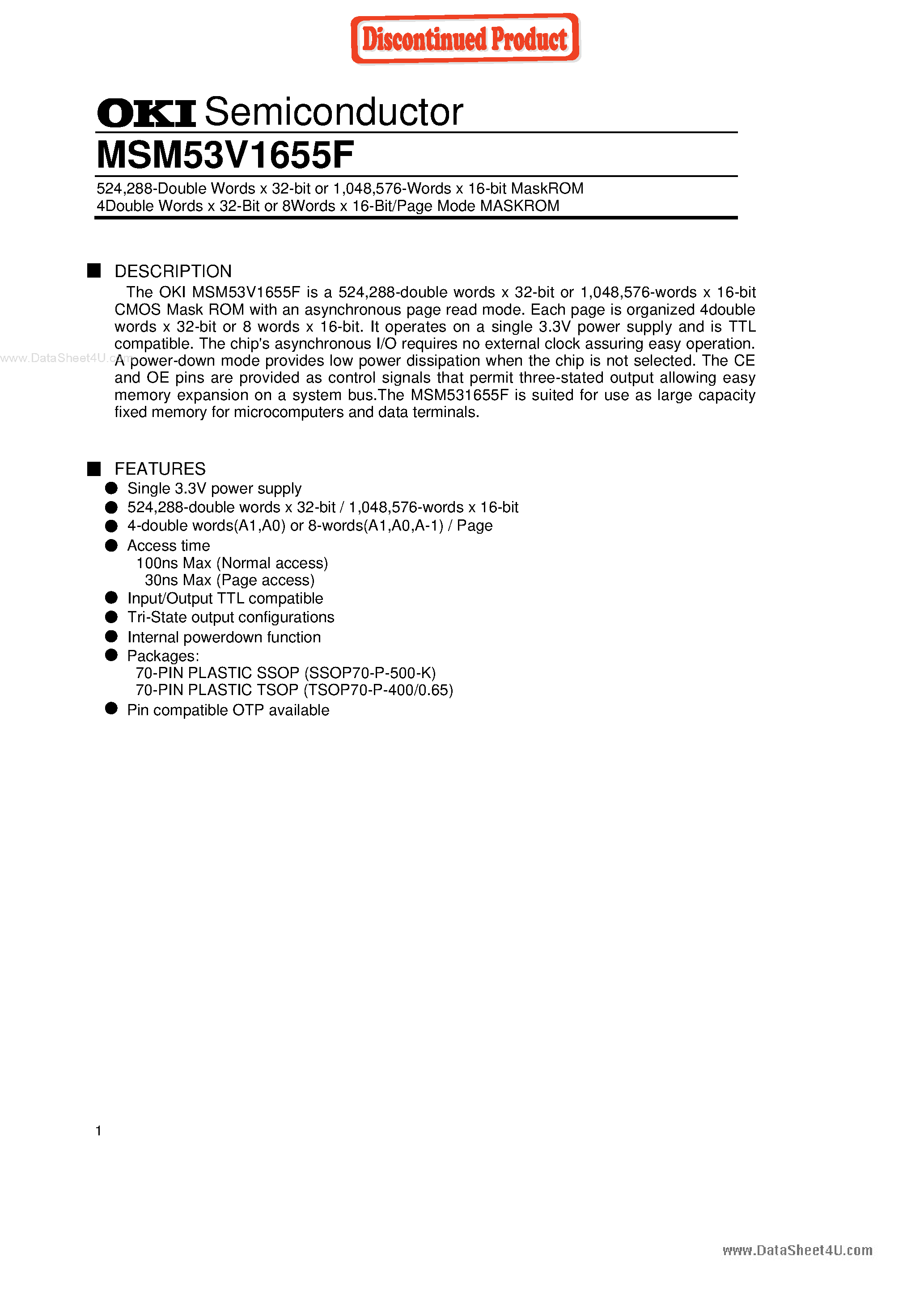 Datasheet MSM53V1655F - 4Double Words x 32-Bit or 8Words x 16-Bit/Page Mode MASKROM page 1