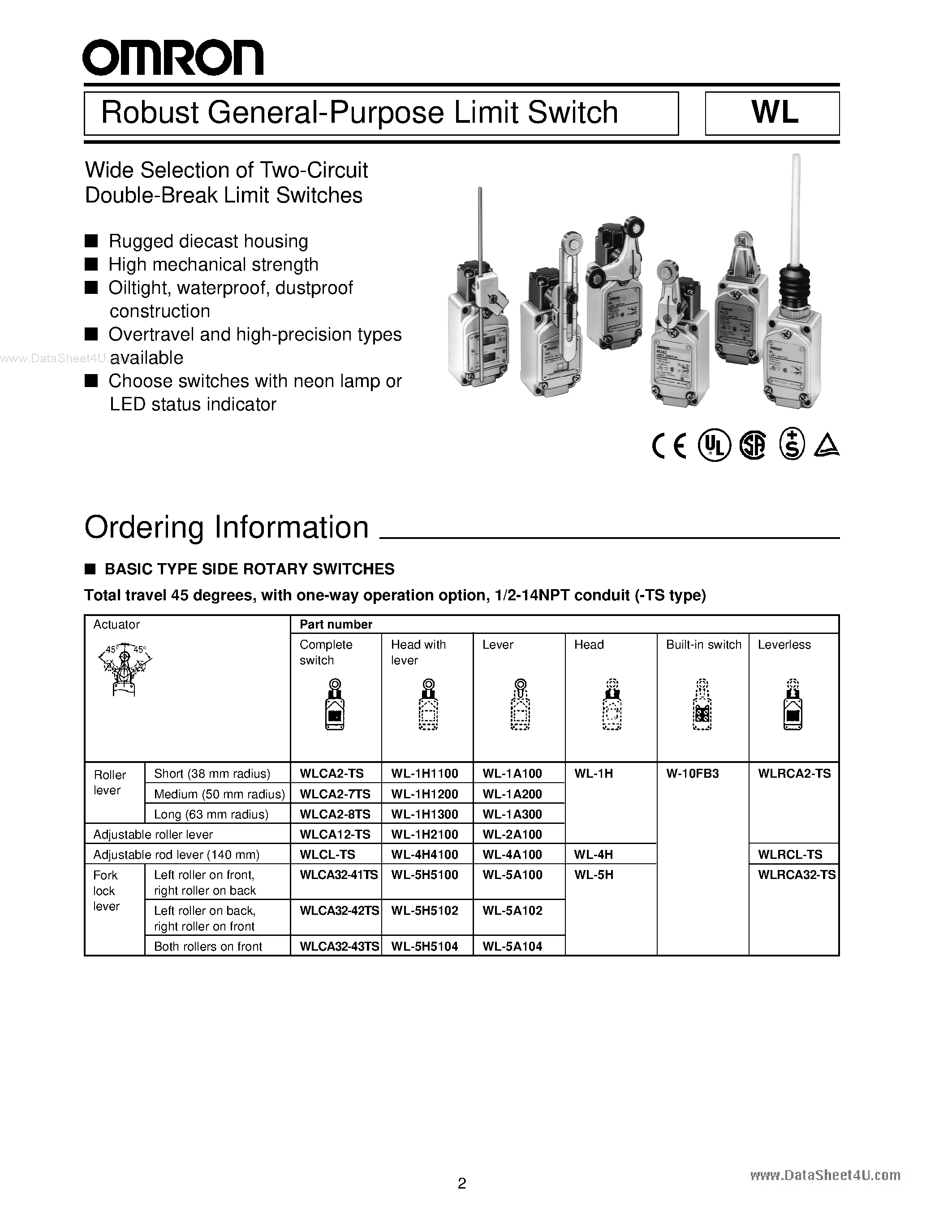 Datasheet WLNJ-2TS - WL Robust General Purpose Limit Switch page 1
