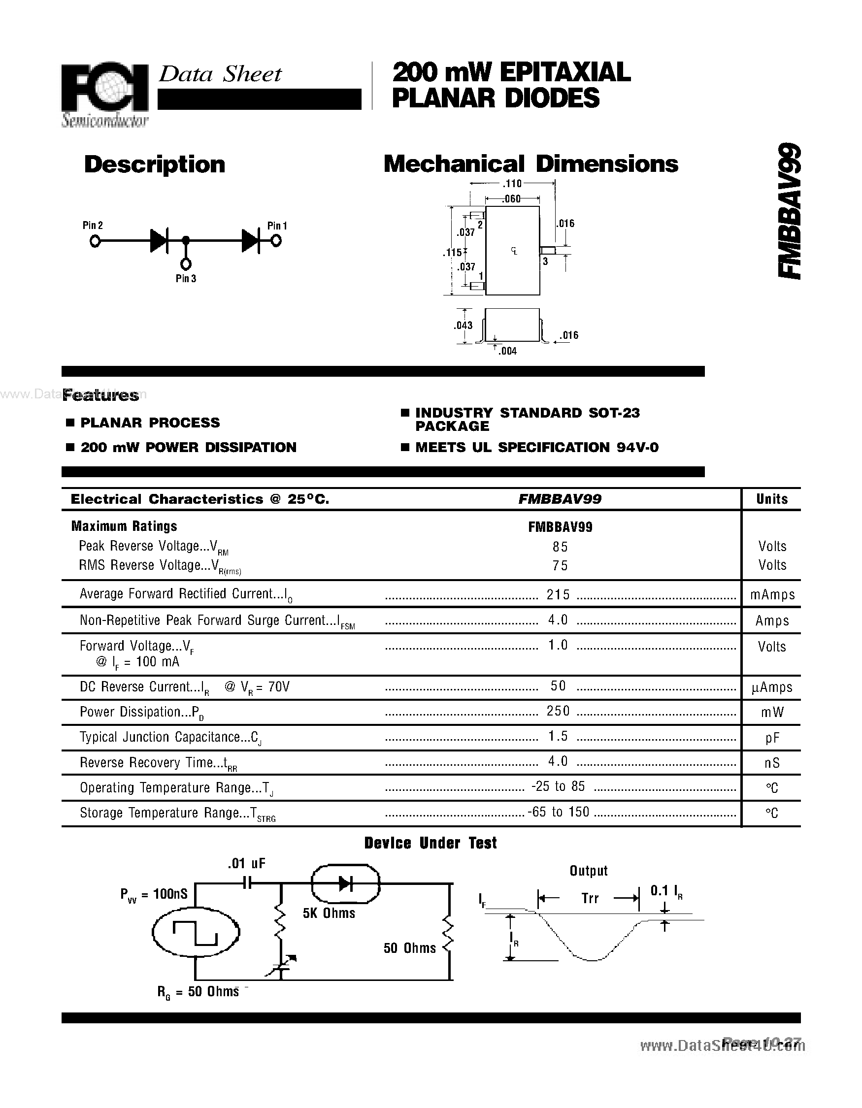 Даташит FMBBAV99 - 200mW EPITAXIAL PLANAR DIODES страница 1