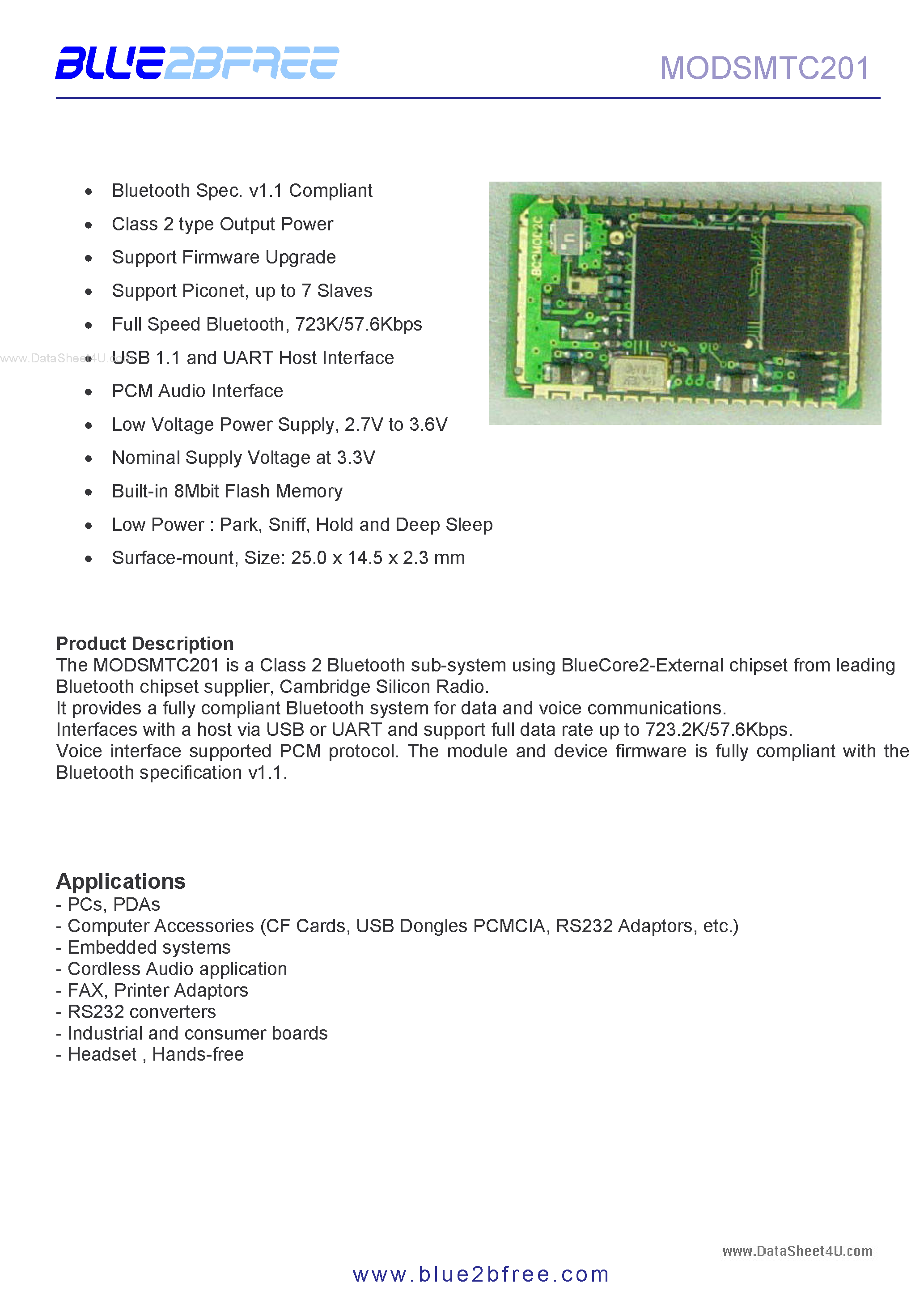 Datasheet MODSMTC201 - Bluetooth Spec.v1.1 Compliant page 1