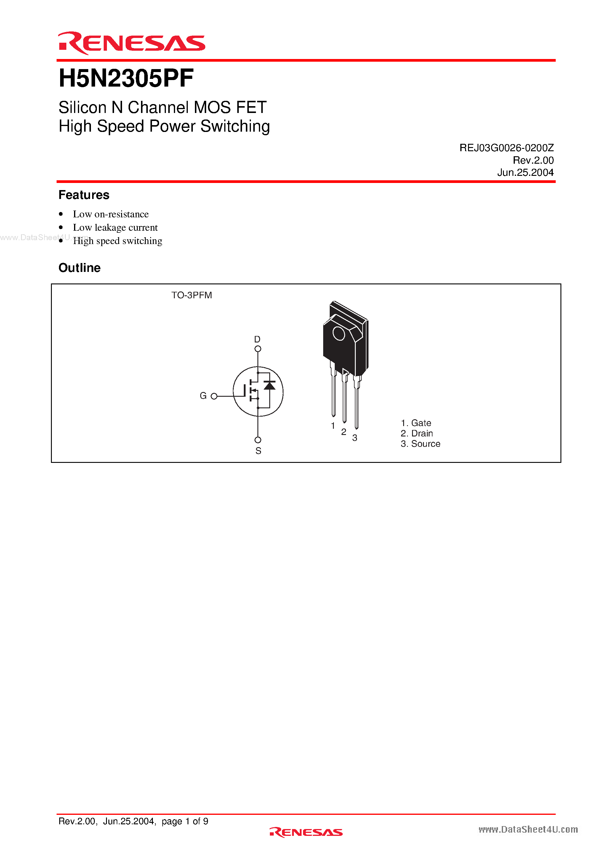 Datasheet H5N2305PF - Silicon N Channel MOSFET High Speed Power Switching page 1
