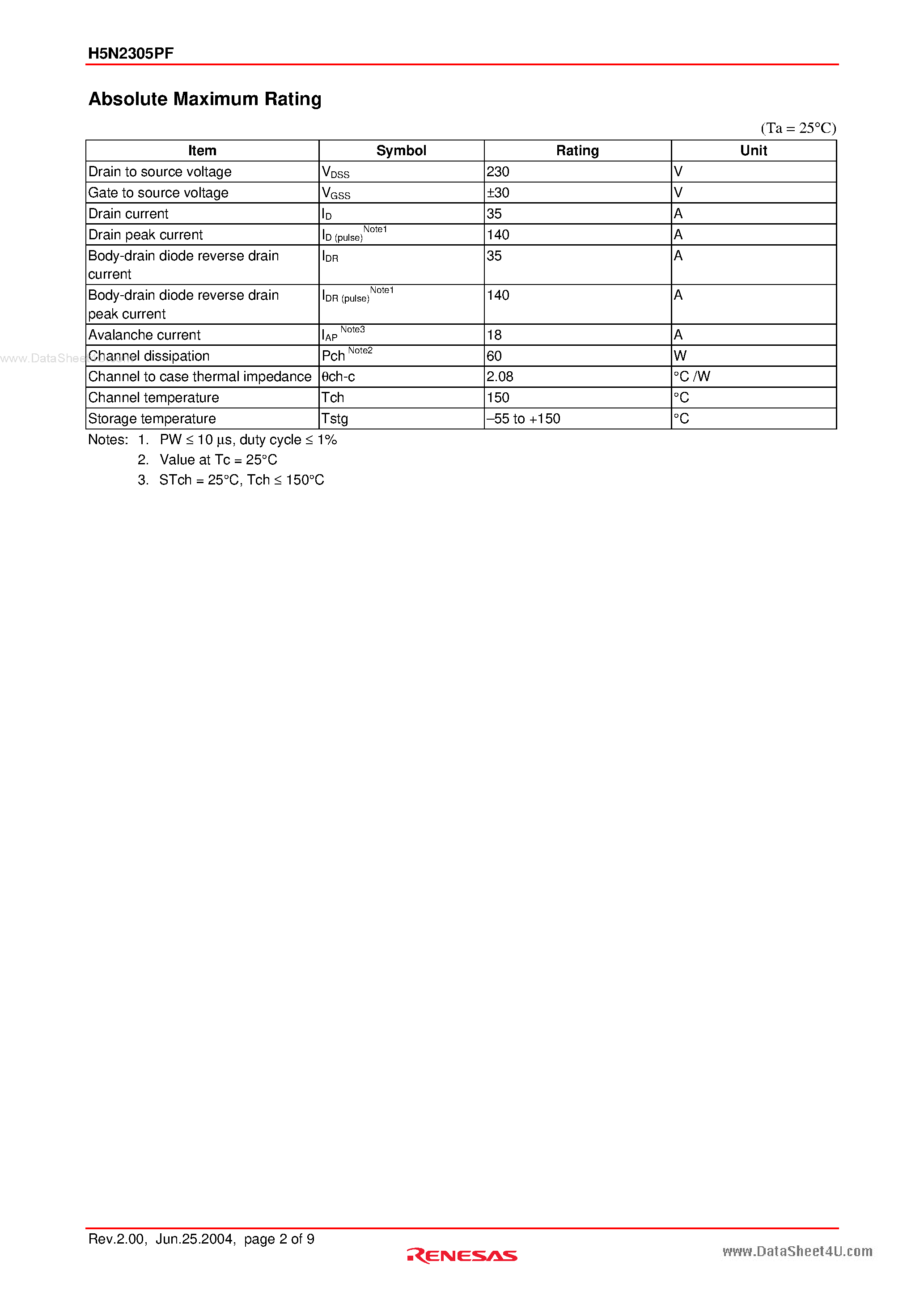 Datasheet H5N2305PF - Silicon N Channel MOSFET High Speed Power Switching page 2