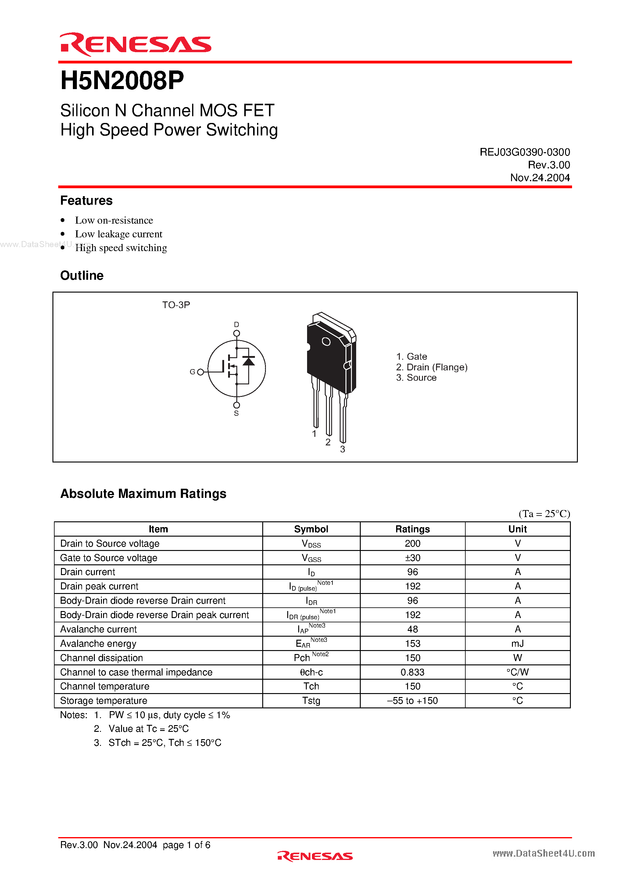 Datasheet H5N2008P page 1 Datasheet H5N2008P - Silicon N Channel MOS FET High Speed Power Switching page 1