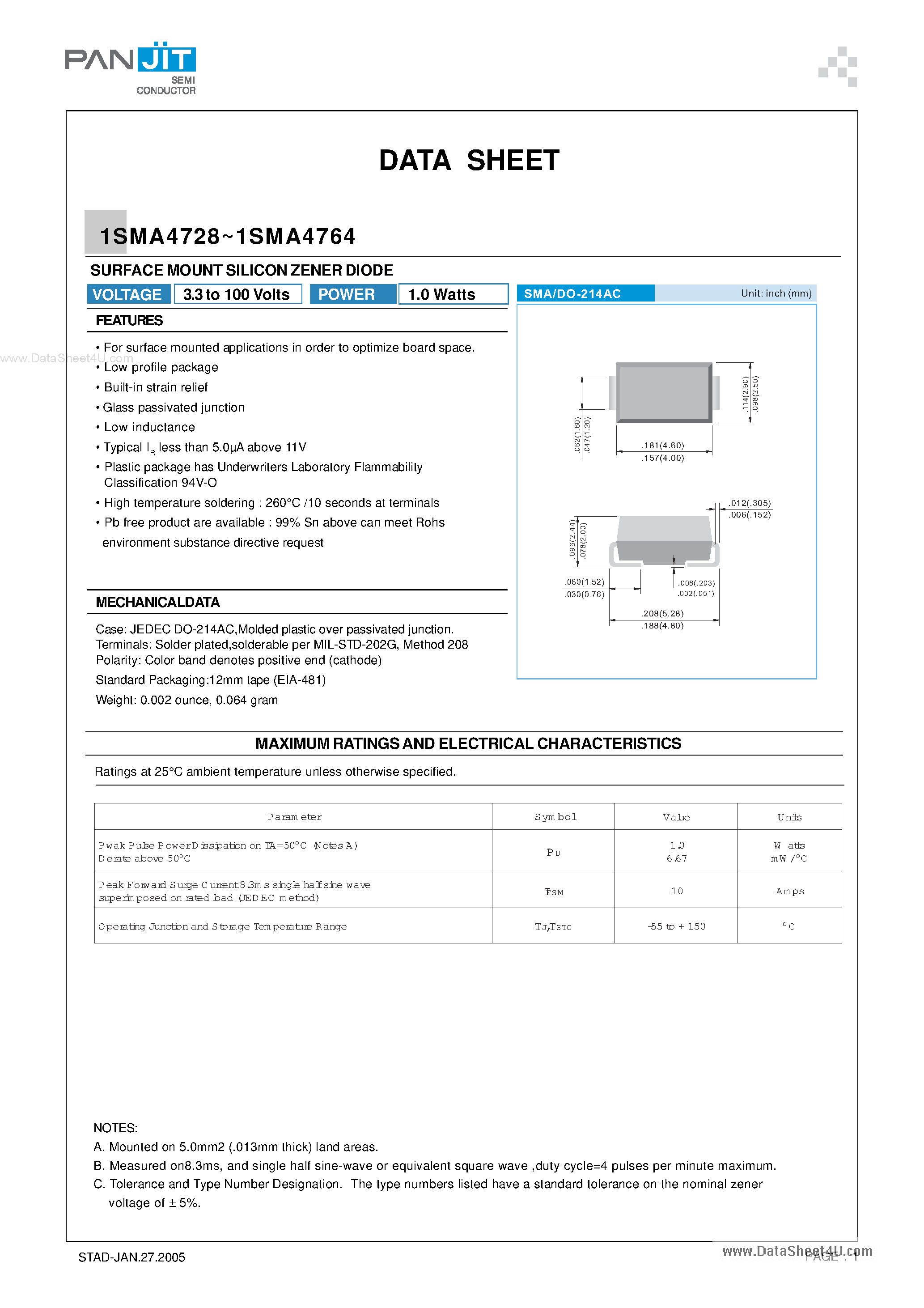 Datasheet 1SMA4728 page 1 Datasheet 1SMA4728 - (1SMA4728 - 1SMA4764) SURFACE MOUNT SILICON ZENER DIODE page 1