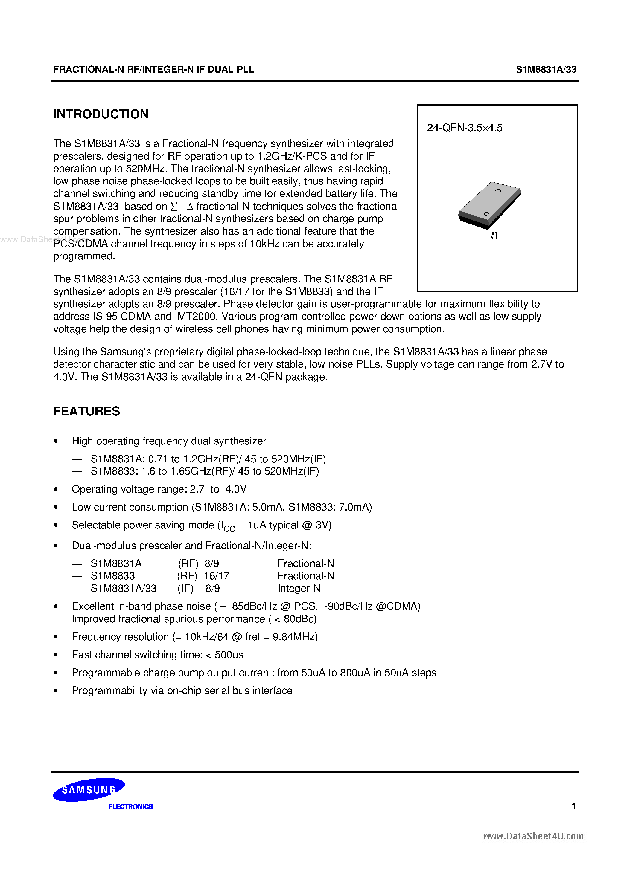 Datasheet S1M8831A - (S1M8831A / S1M8833) FRACTIONAL-N RF/INTEGER-N IF DUAL PLL page 1