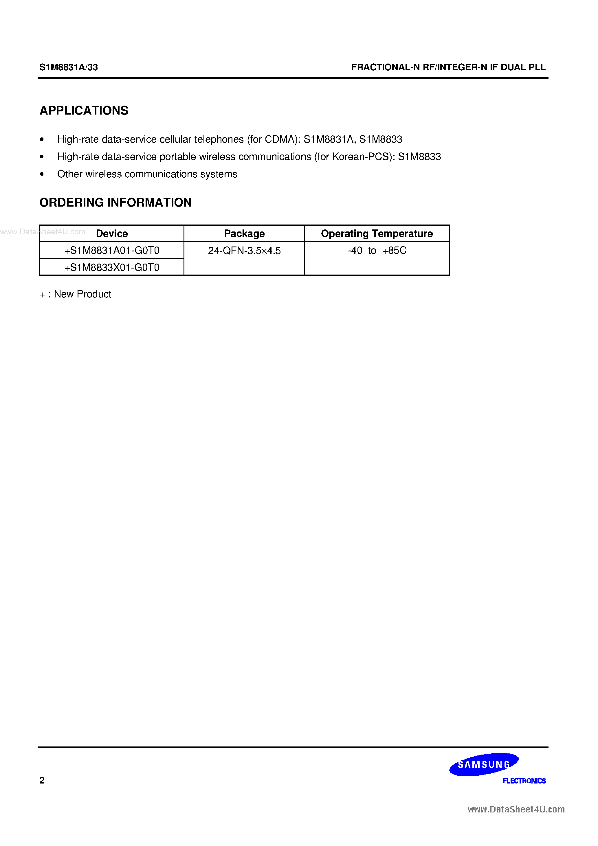 Datasheet S1M8831A - (S1M8831A / S1M8833) FRACTIONAL-N RF/INTEGER-N IF DUAL PLL page 2