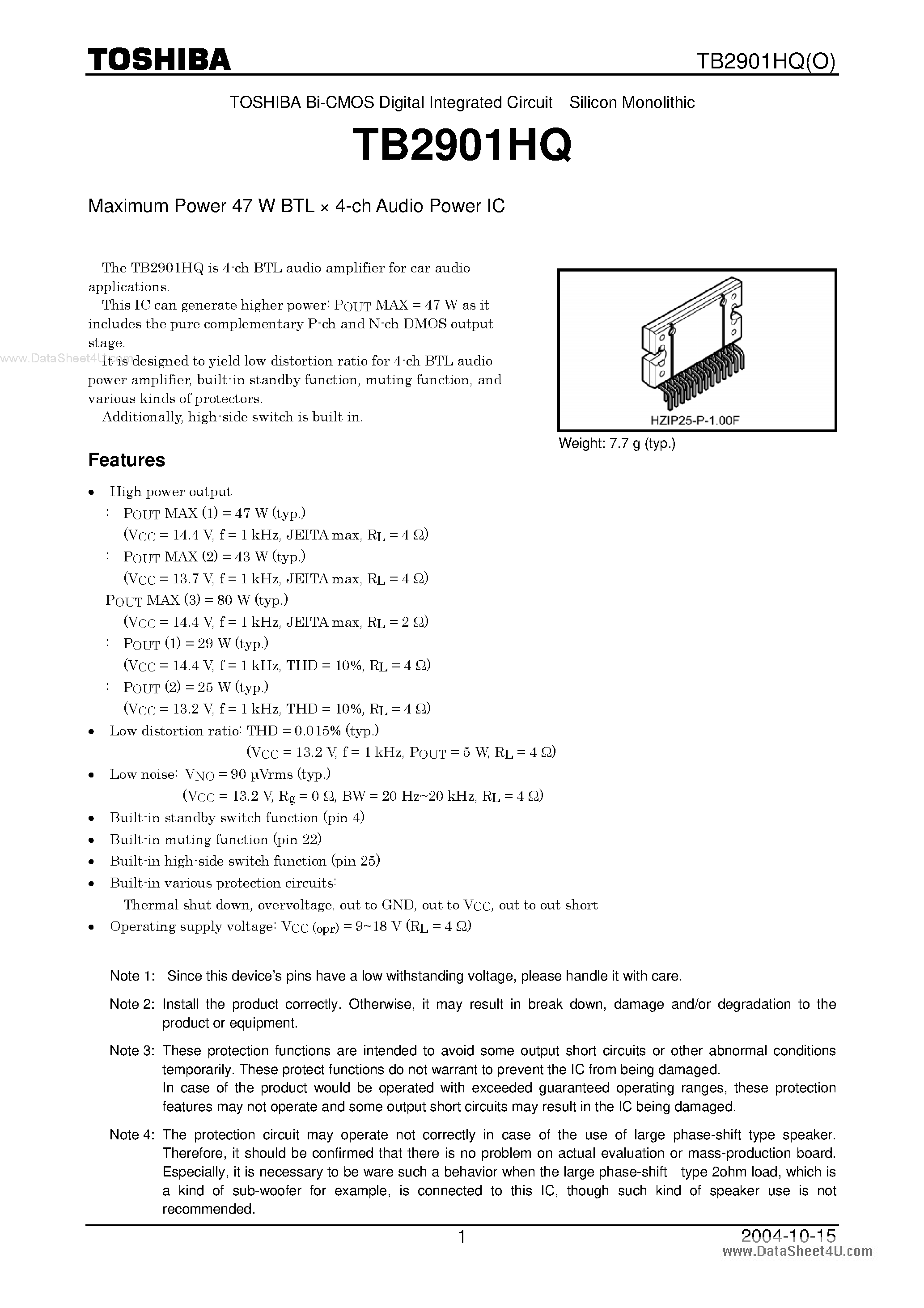 Datasheet TB2901HQ page 1 Datasheet TB2901HQ - 4-ch Audio Power IC page 1
