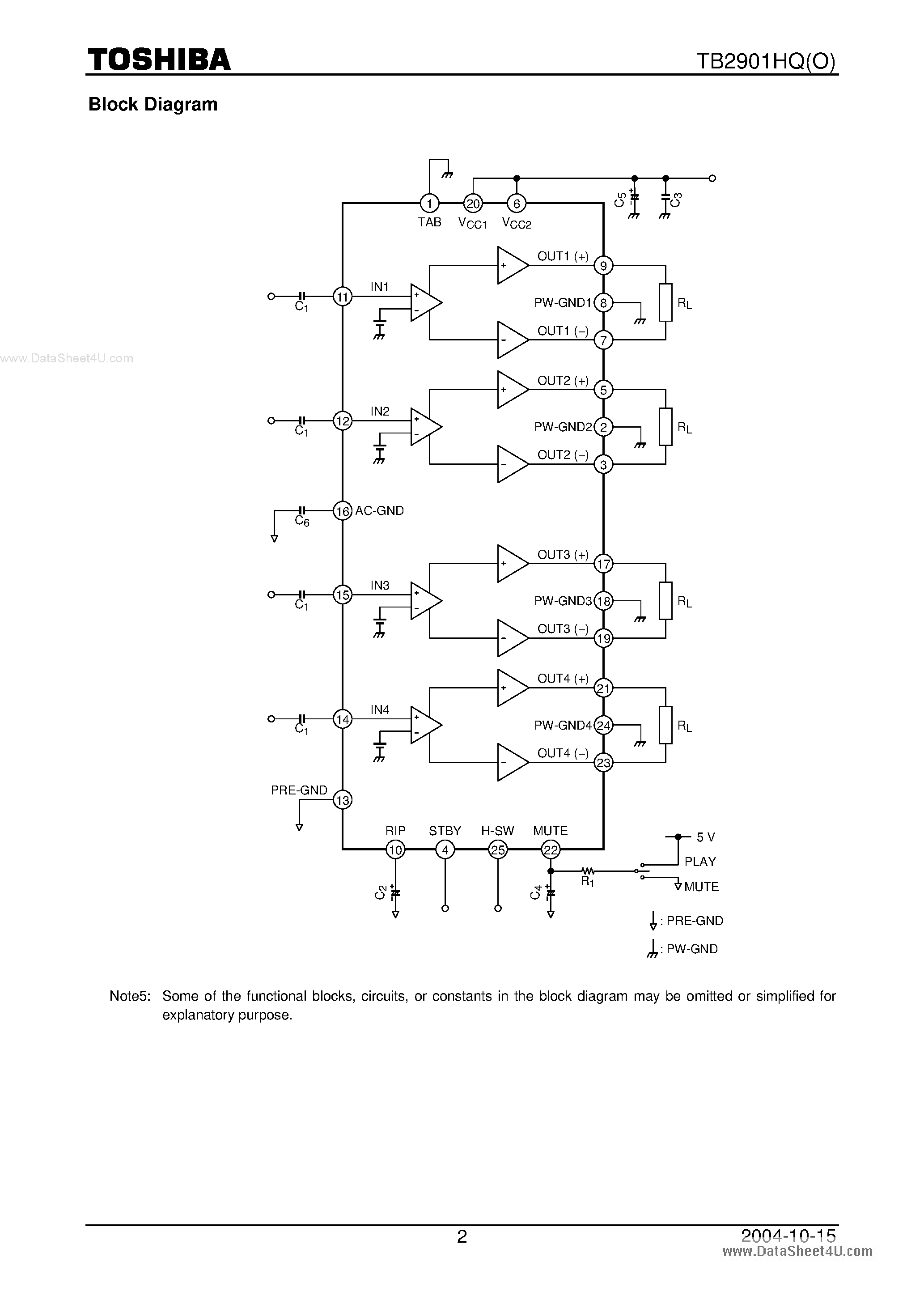 Datasheet TB2901HQ page 2 Datasheet TB2901HQ - 4-ch Audio Power IC page 2