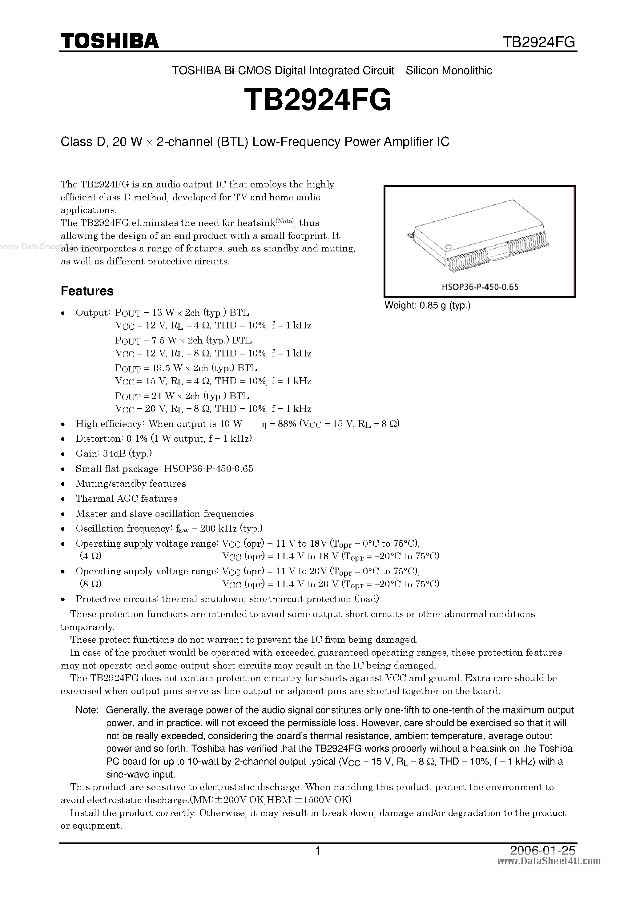 Datasheet TB2924FG - 2-channel (BTL) Low-Frequency Power Amplifier IC page 1