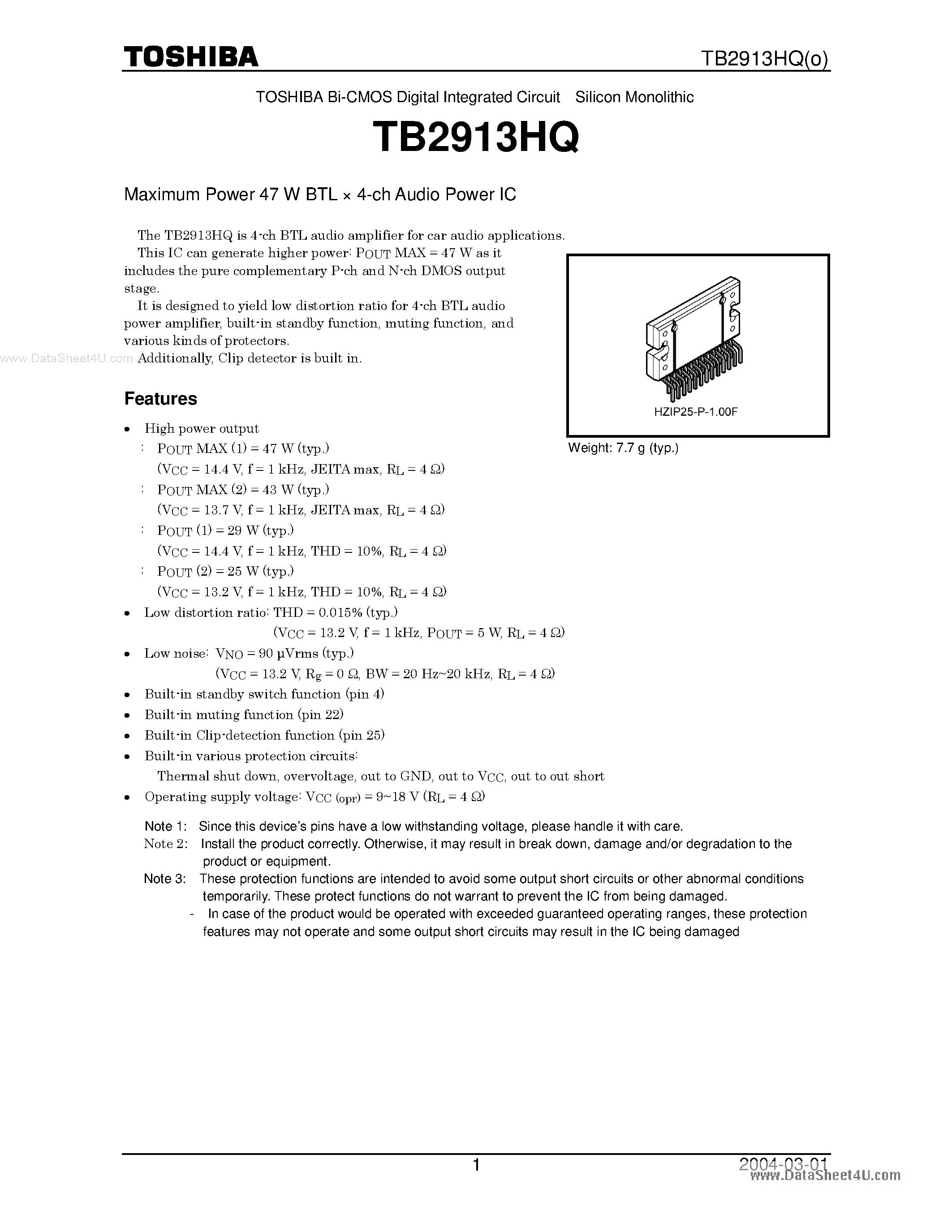 Datasheet TB2913HQ page 1 Datasheet TB2913HQ - 4-ch Audio Power IC page 1