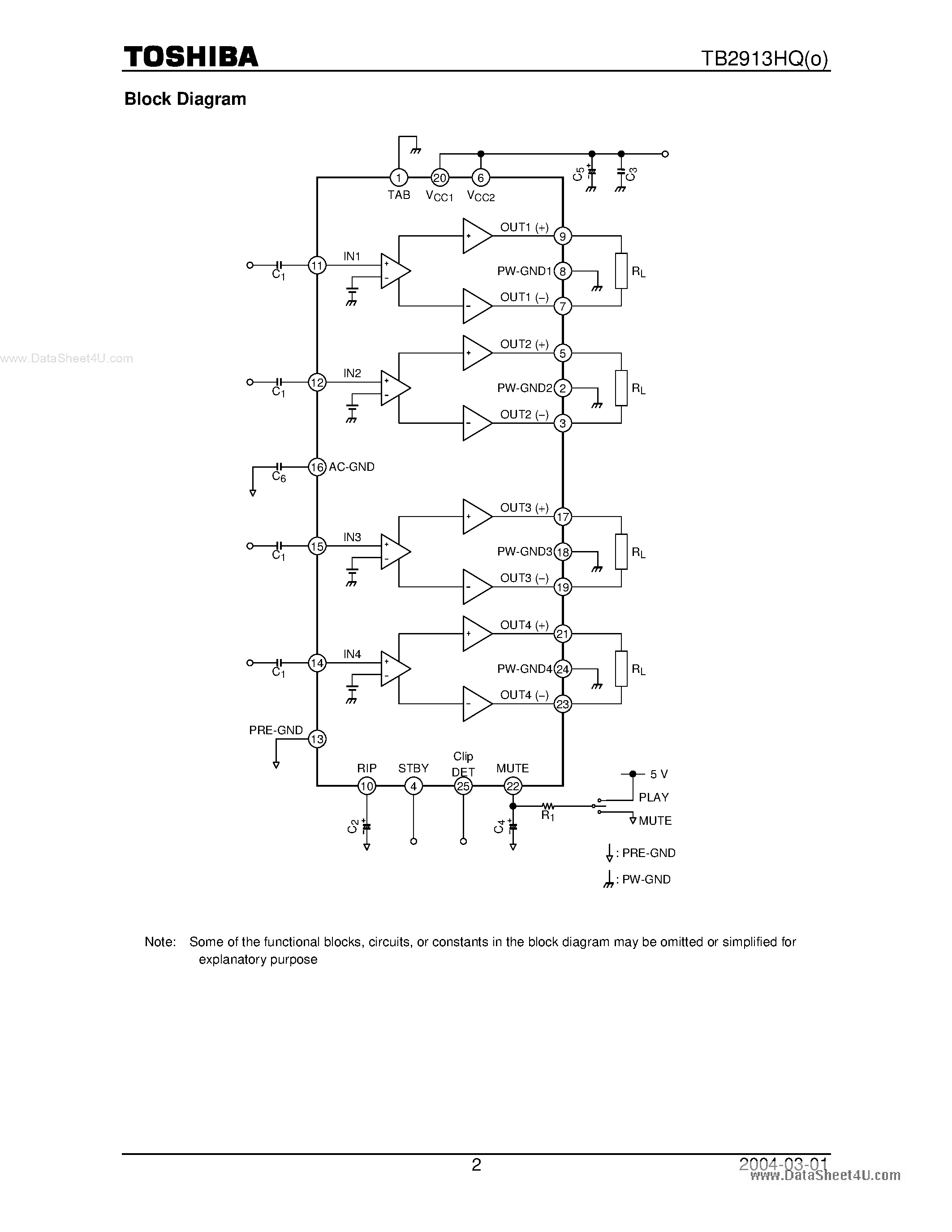 Datasheet TB2913HQ page 2 Datasheet TB2913HQ - 4-ch Audio Power IC page 2