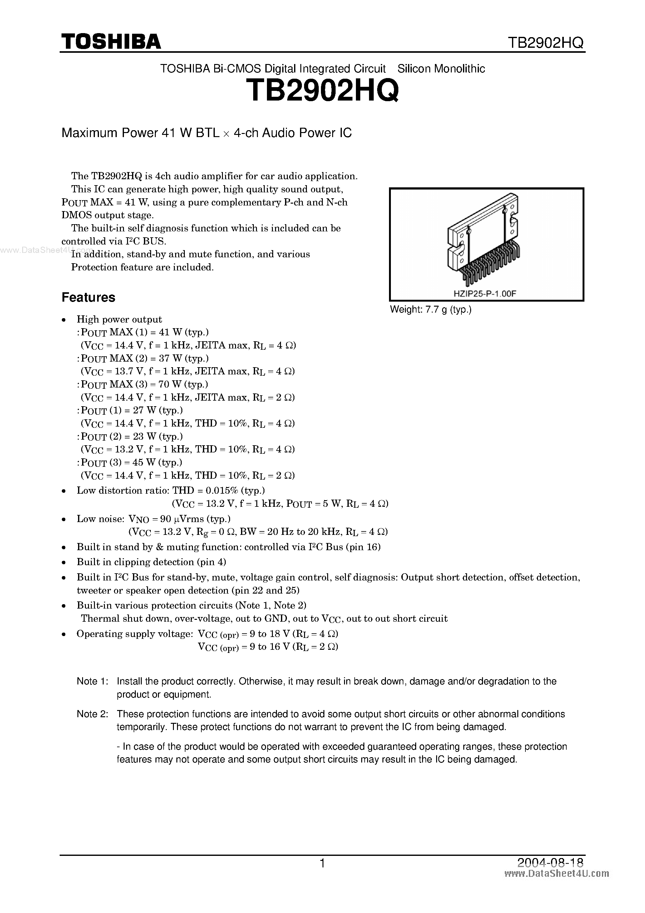 Datasheet TB2902HQ - 4-ch Audio Power IC page 1