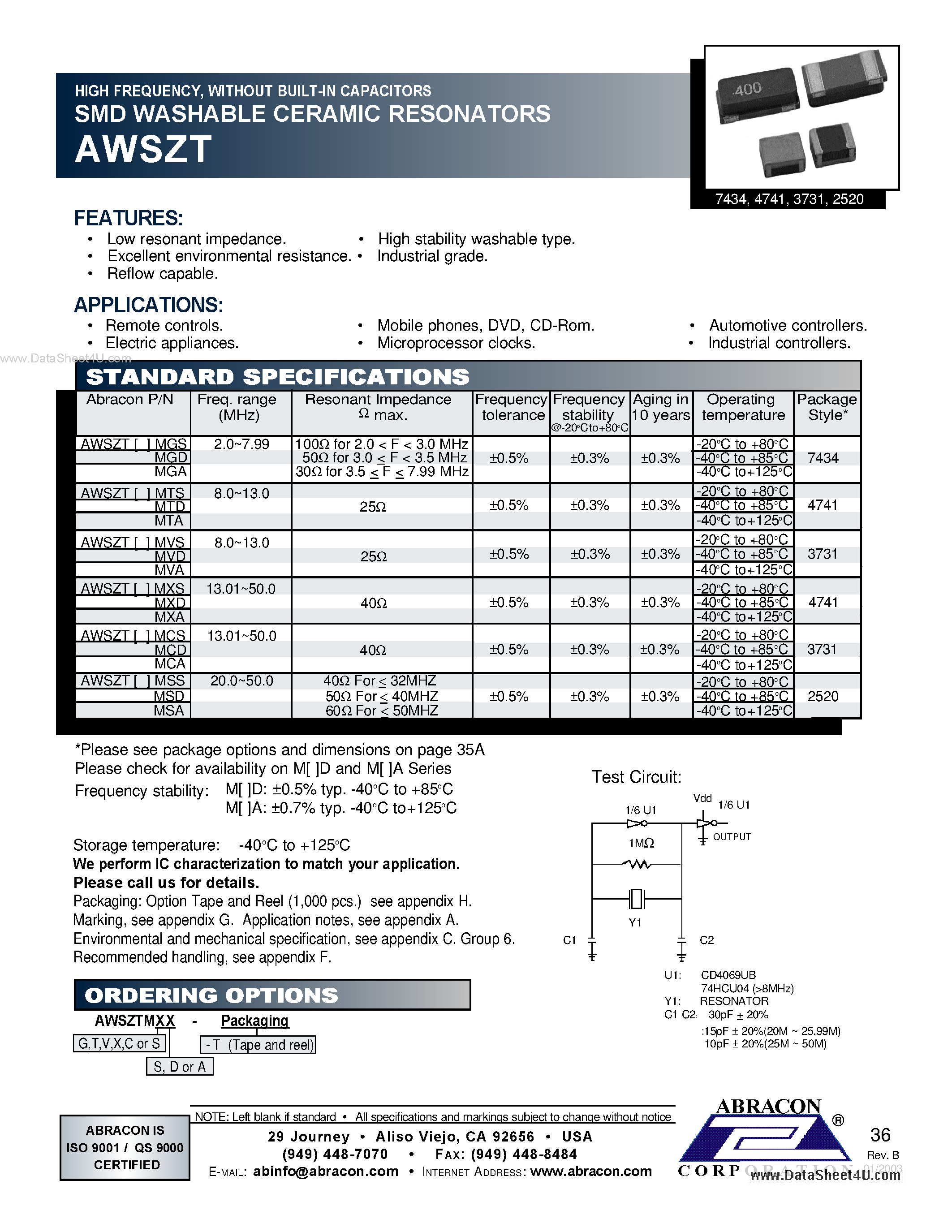 Datasheet AWSZT page 1 Datasheet AWSZT - WITHOUT BUILT-IN CAPACITORS SMD WASHABLE CERAMIC RESONATORS page 1