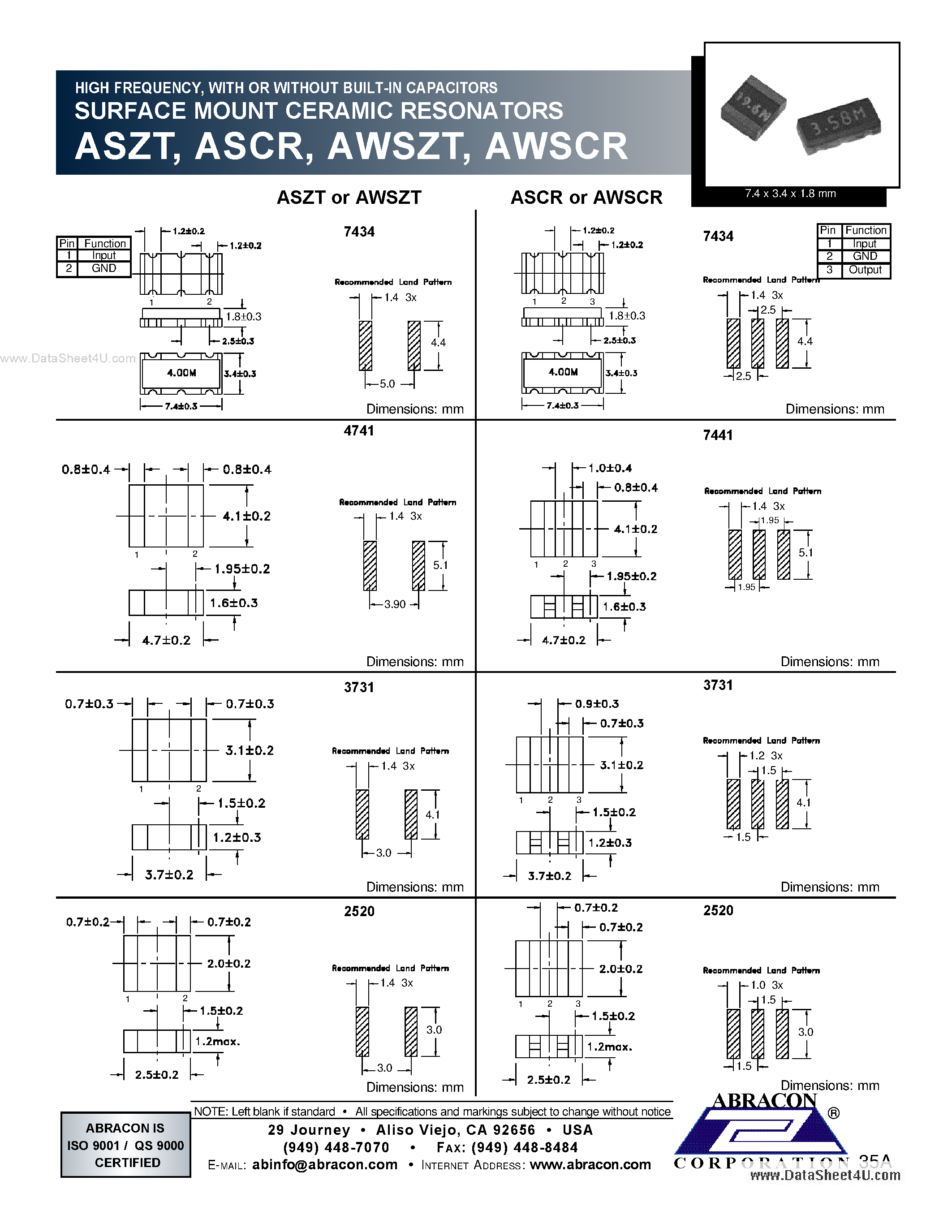 Datasheet AWSZT page 2 Datasheet AWSZT - WITHOUT BUILT-IN CAPACITORS SMD WASHABLE CERAMIC RESONATORS page 2