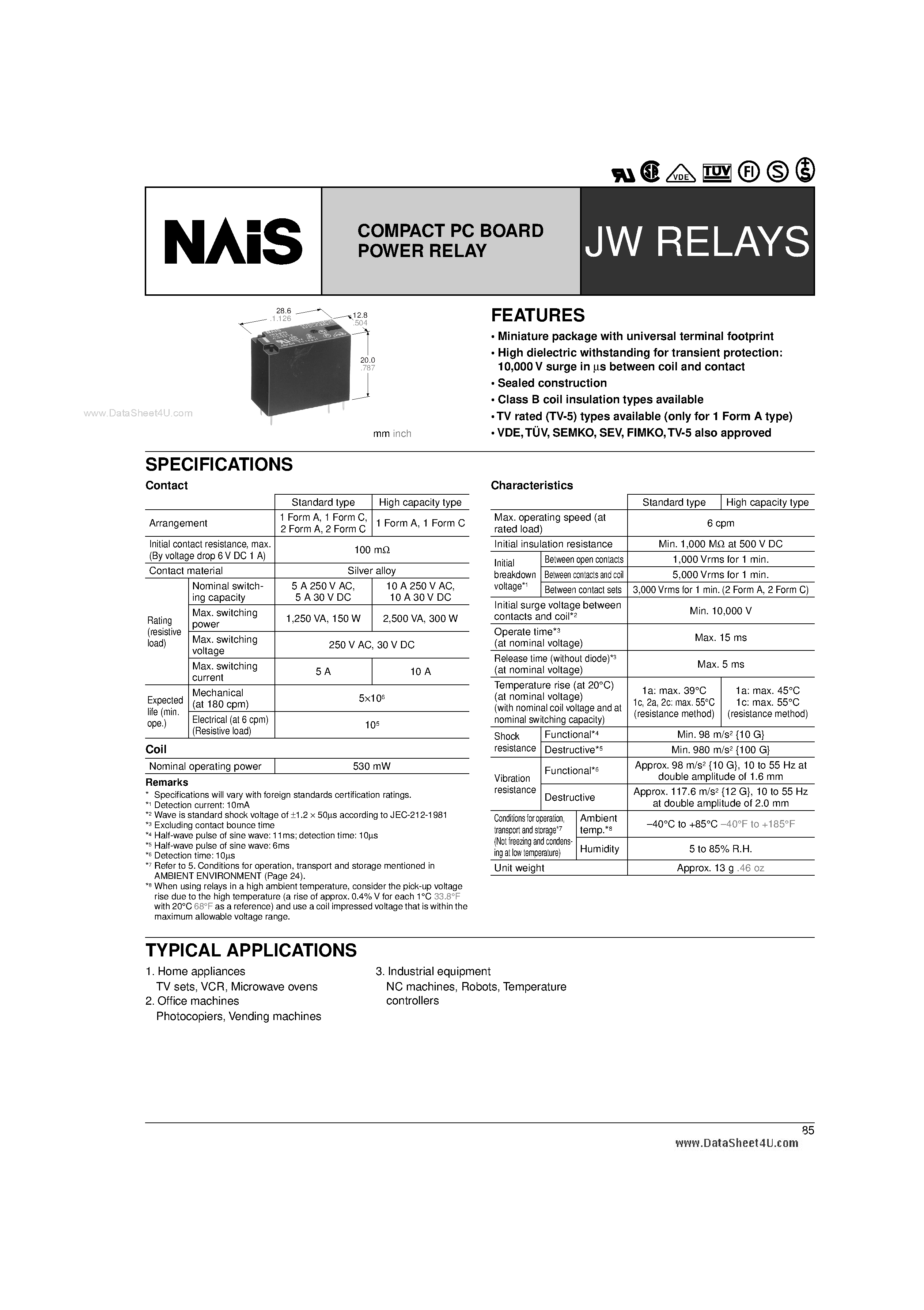 Даташит JW2ASN-DCxxV - COMPACT PC BOARD POWER RELAY страница 1