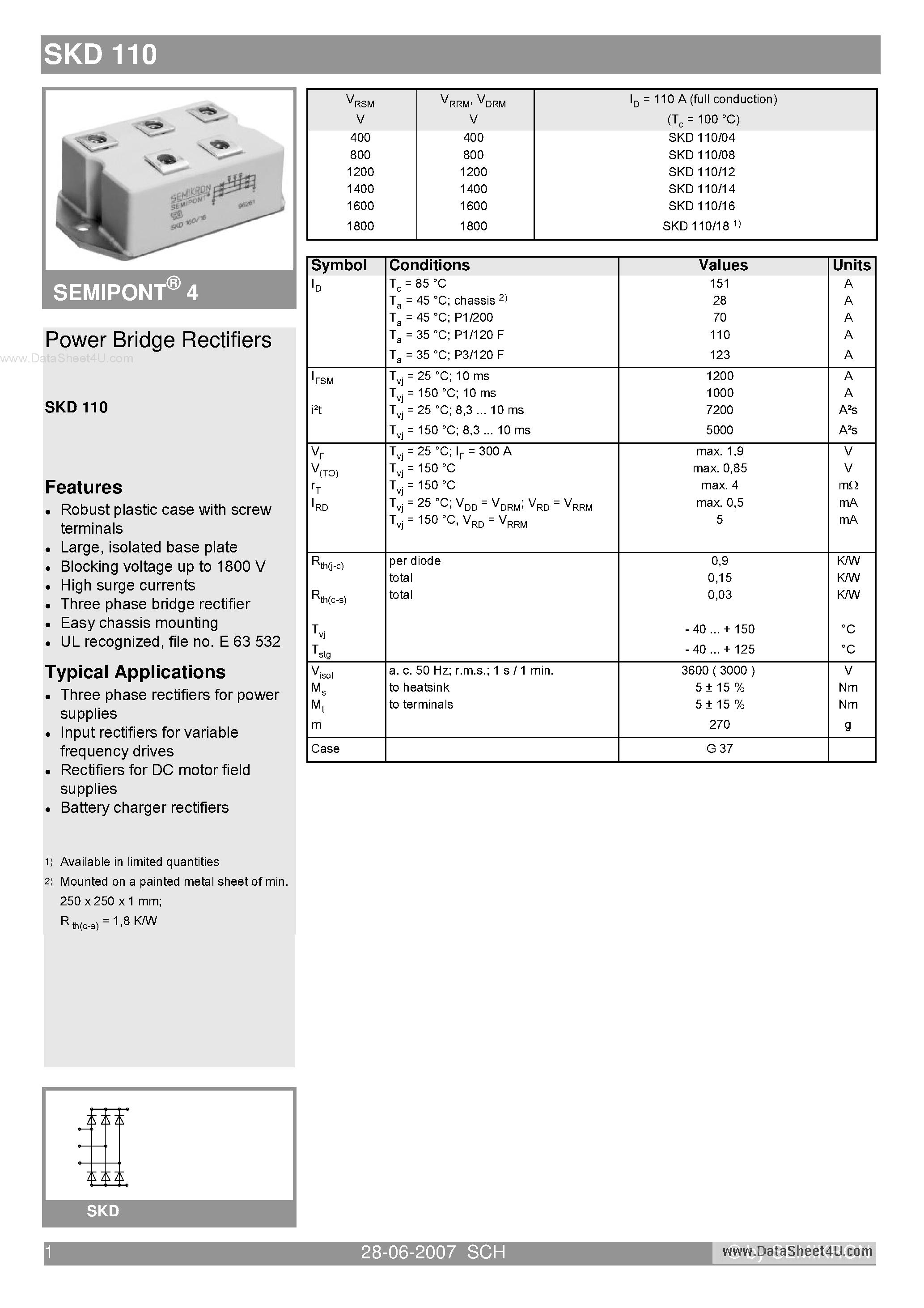 Datasheet SKD110 - Power Bridge Rectifiers page 1