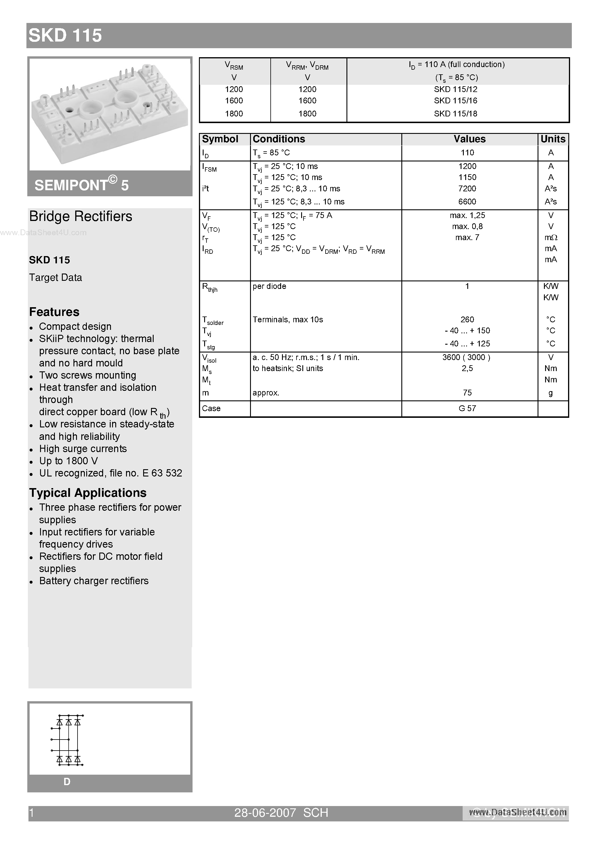 Datasheet SKD115 - Power Bridge Rectifiers page 1