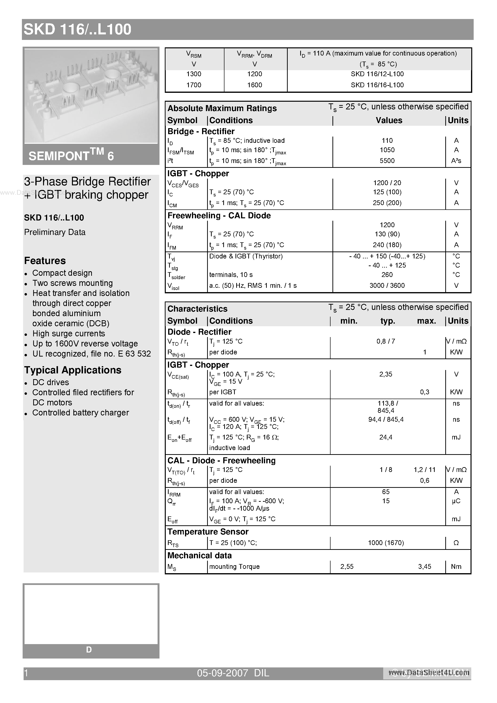 Datasheet SKD116 - Power Bridge Rectifiers page 1