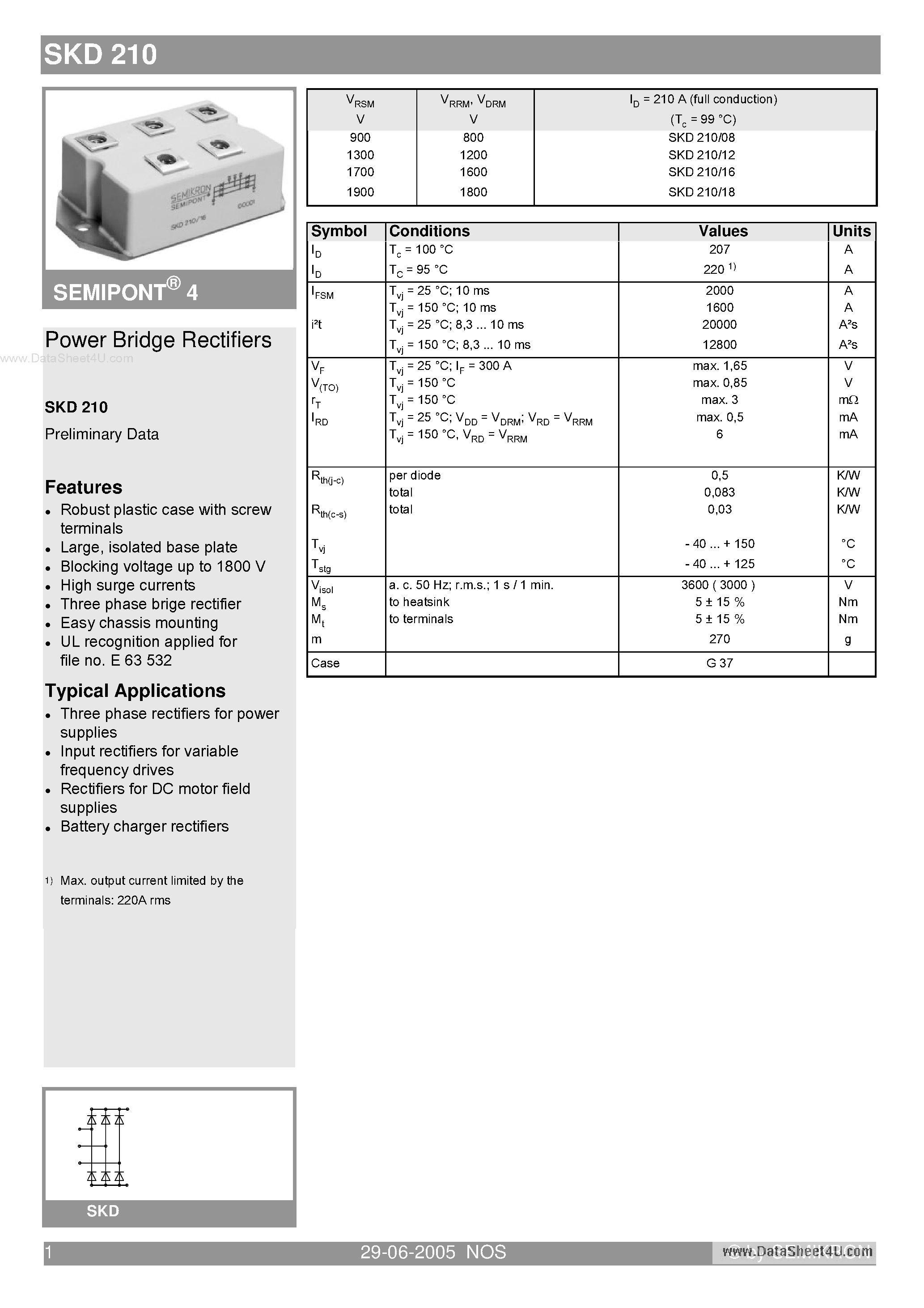 Datasheet SKD210 - Power Bridge Rectifiers page 1