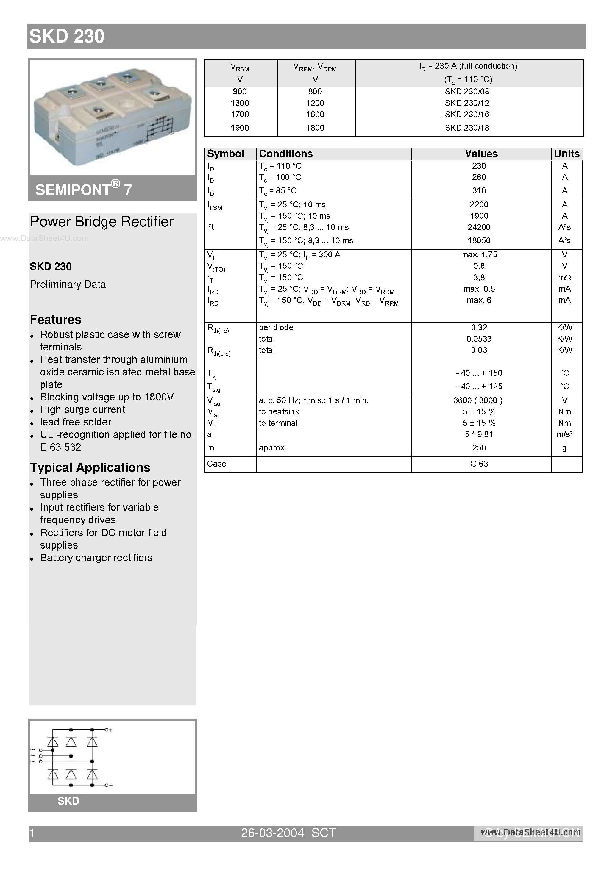 Datasheet SKD230 - Power Bridge Rectifiers page 1