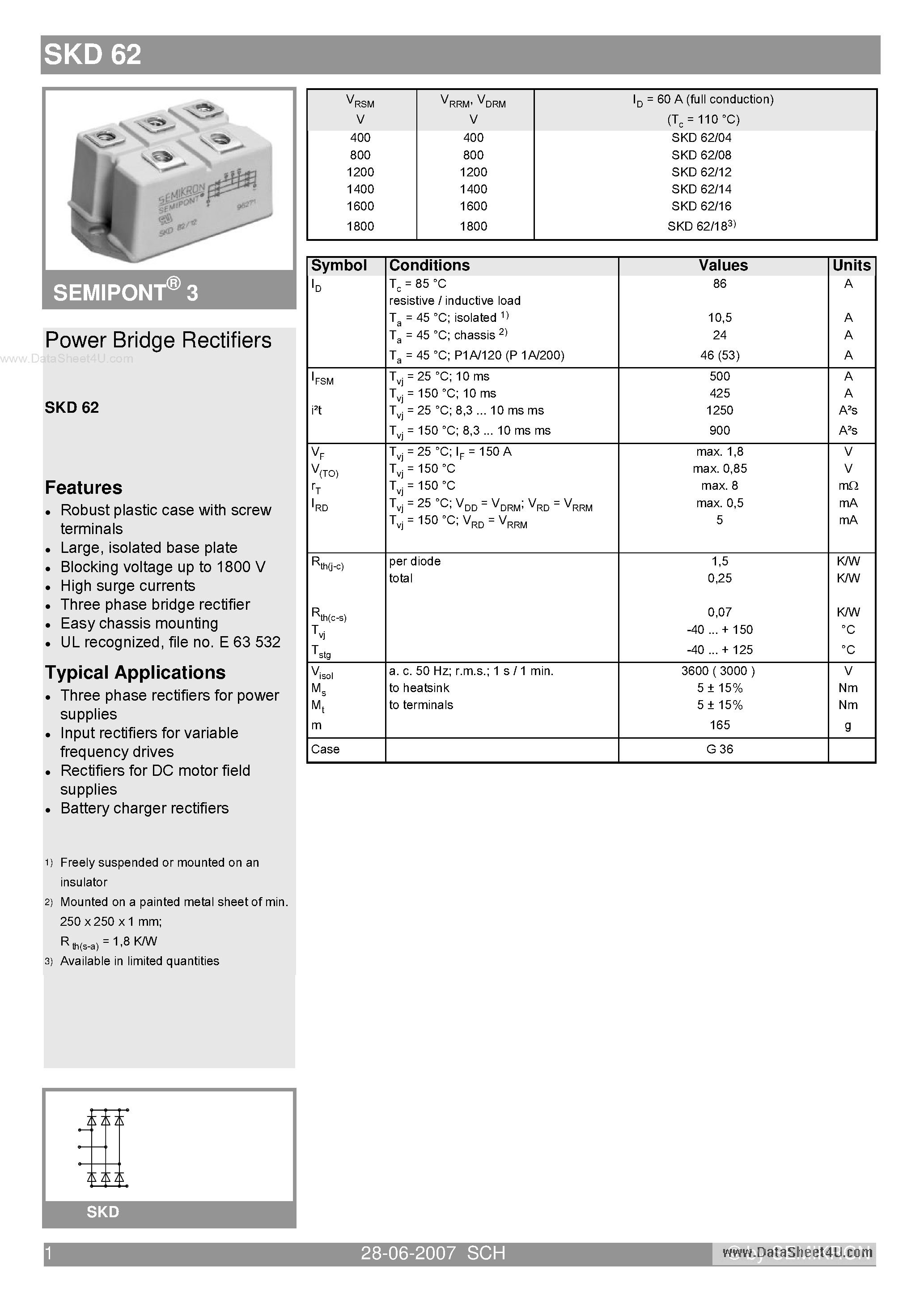 Datasheet SKD62 - Power Bridge Rectifiers page 1