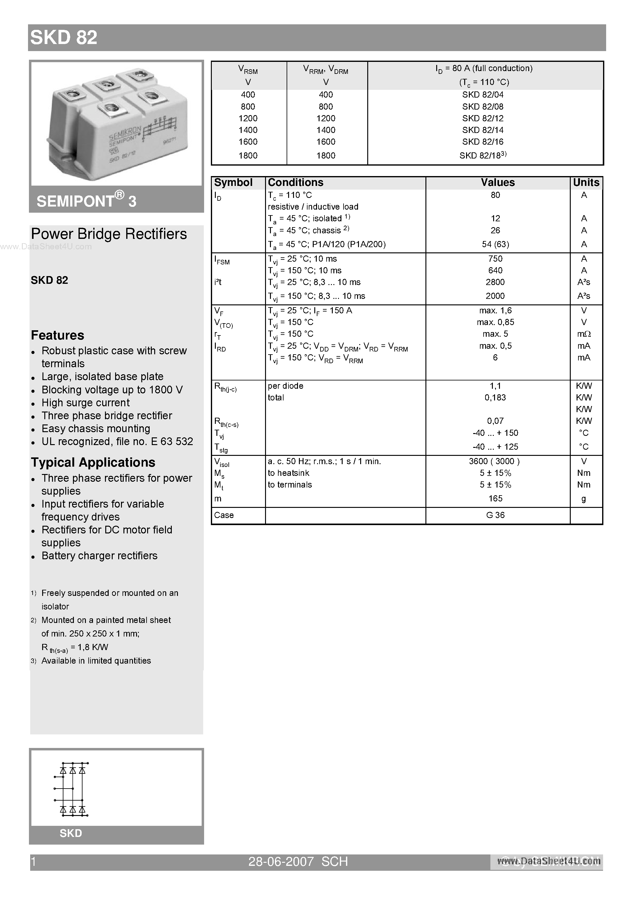 Datasheet SKD82 - Power Bridge Rectifiers page 1