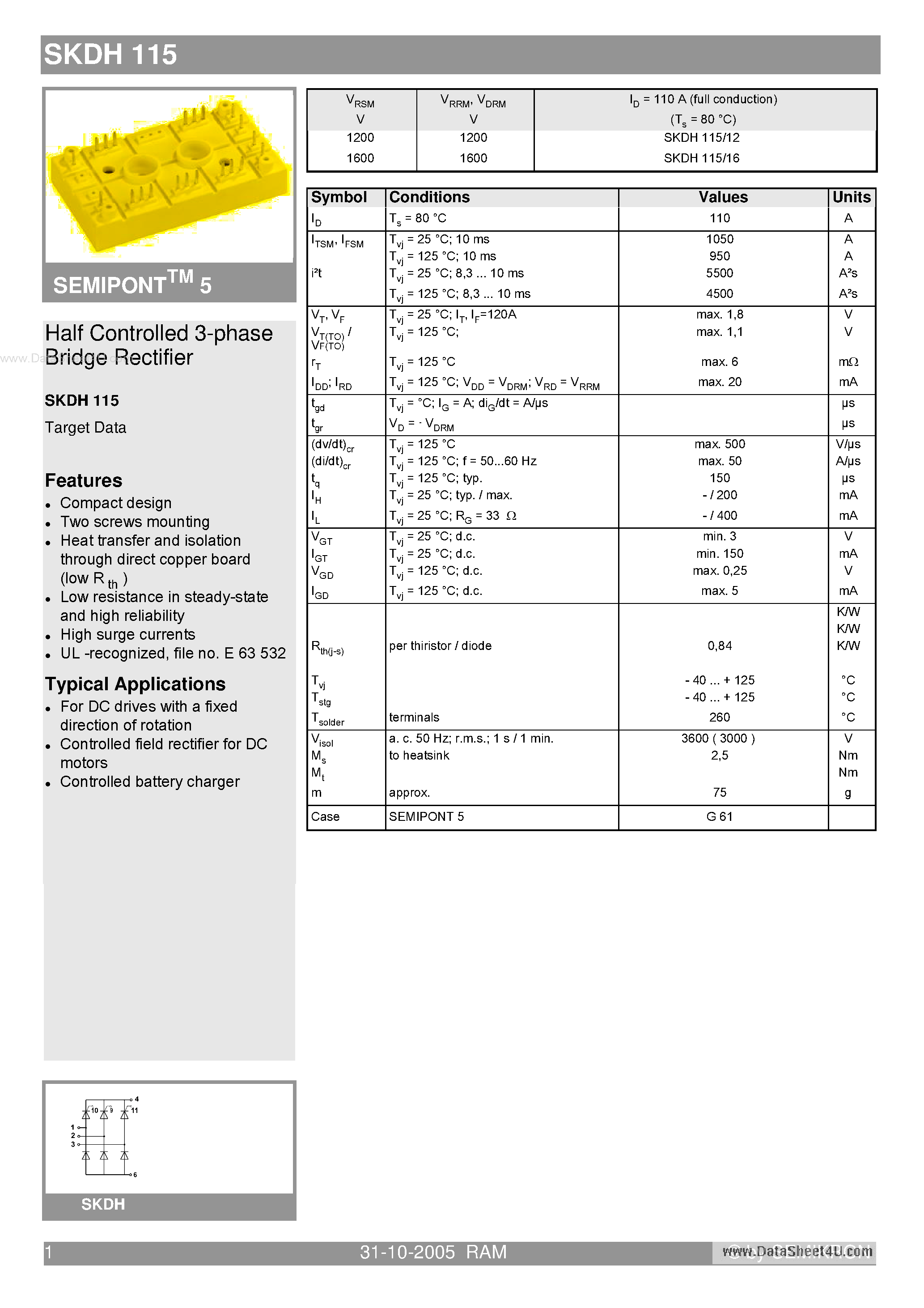 Datasheet SKDH115 - Bridge Rectifiers page 1