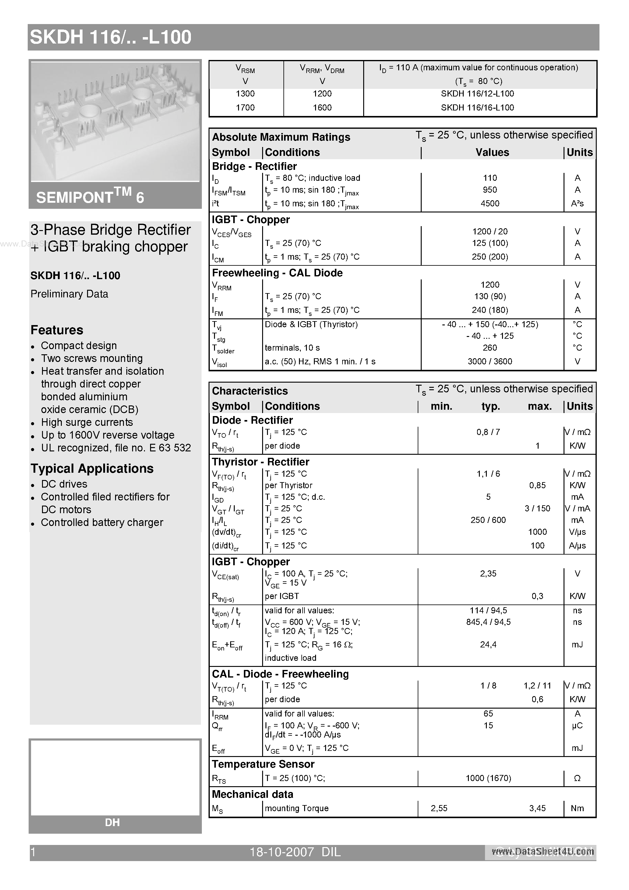 Datasheet SKDH116 - Bridge Rectifiers page 1