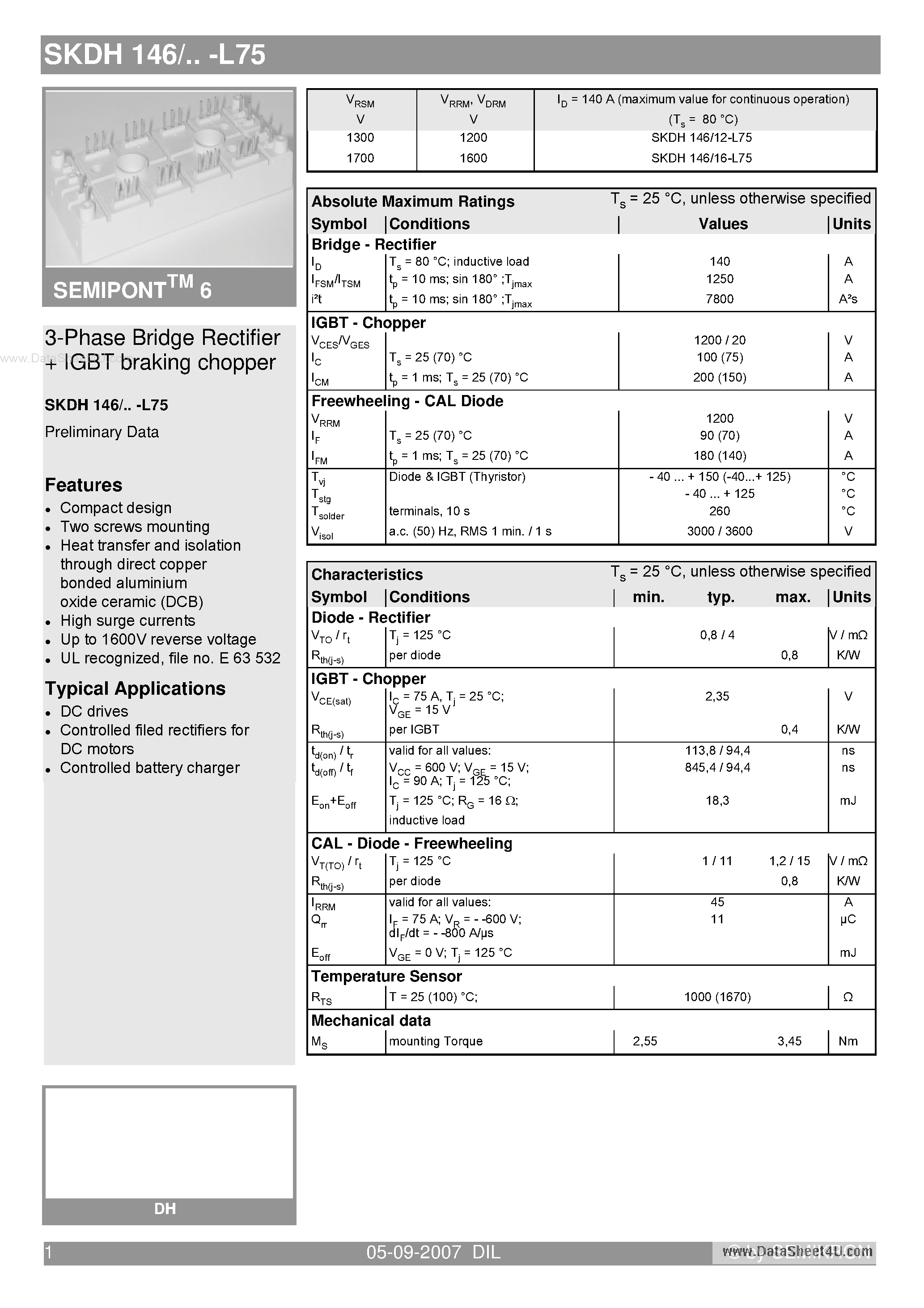 Datasheet SKDH146 - Bridge Rectifiers page 1