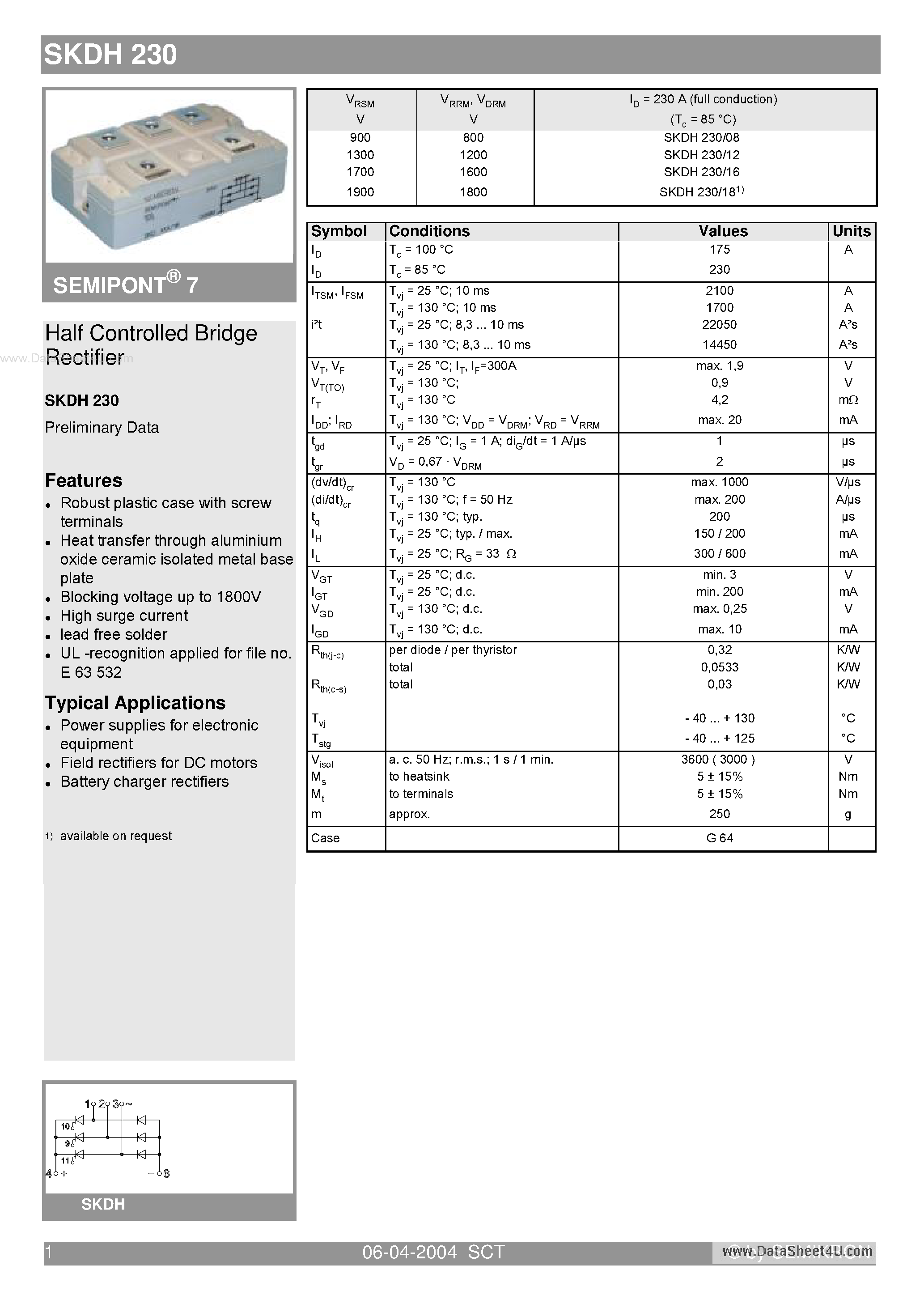 Datasheet SKDH230 - Bridge Rectifiers page 1