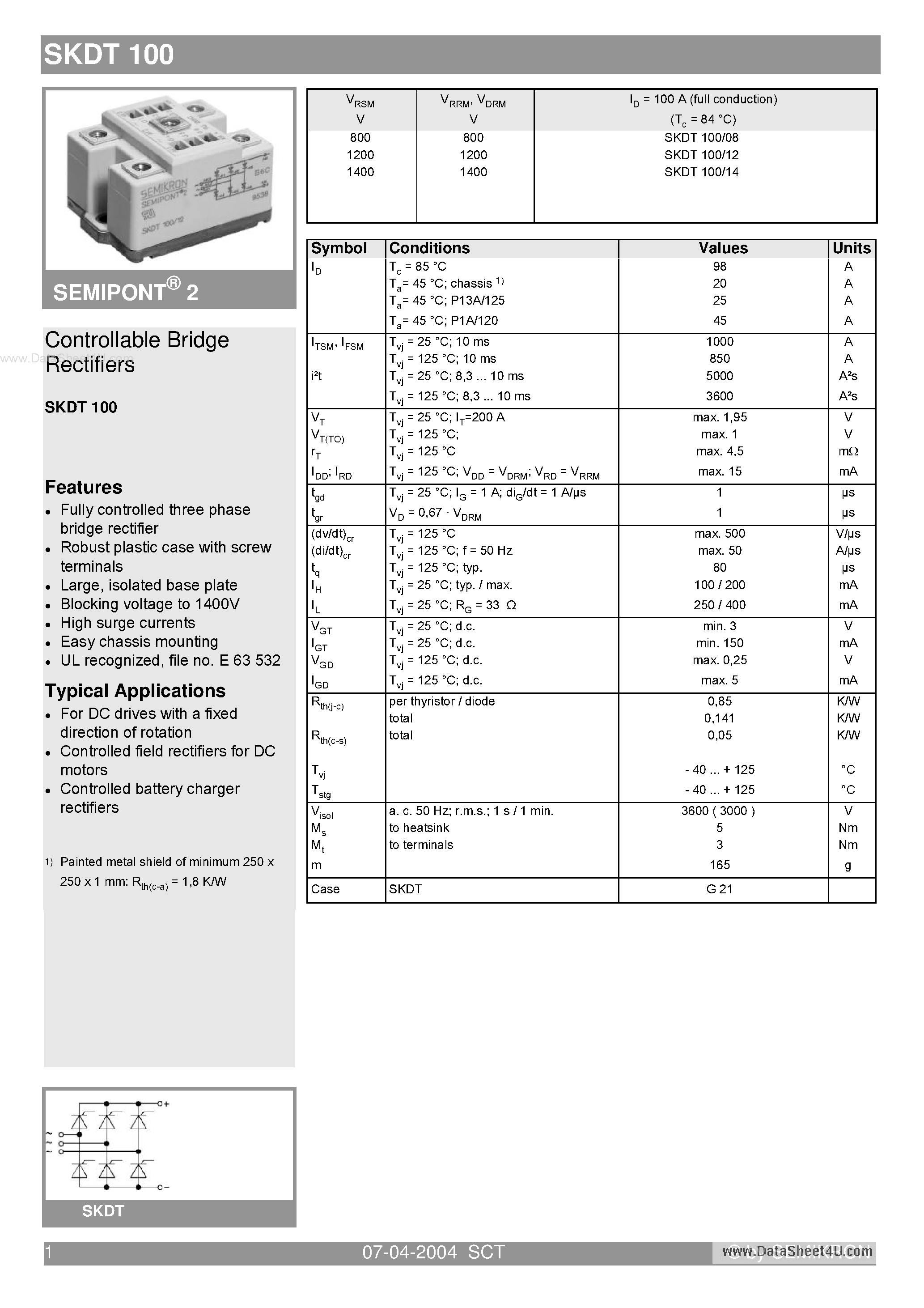 Datasheet SKDT100 - Bridge Rectifiers page 1