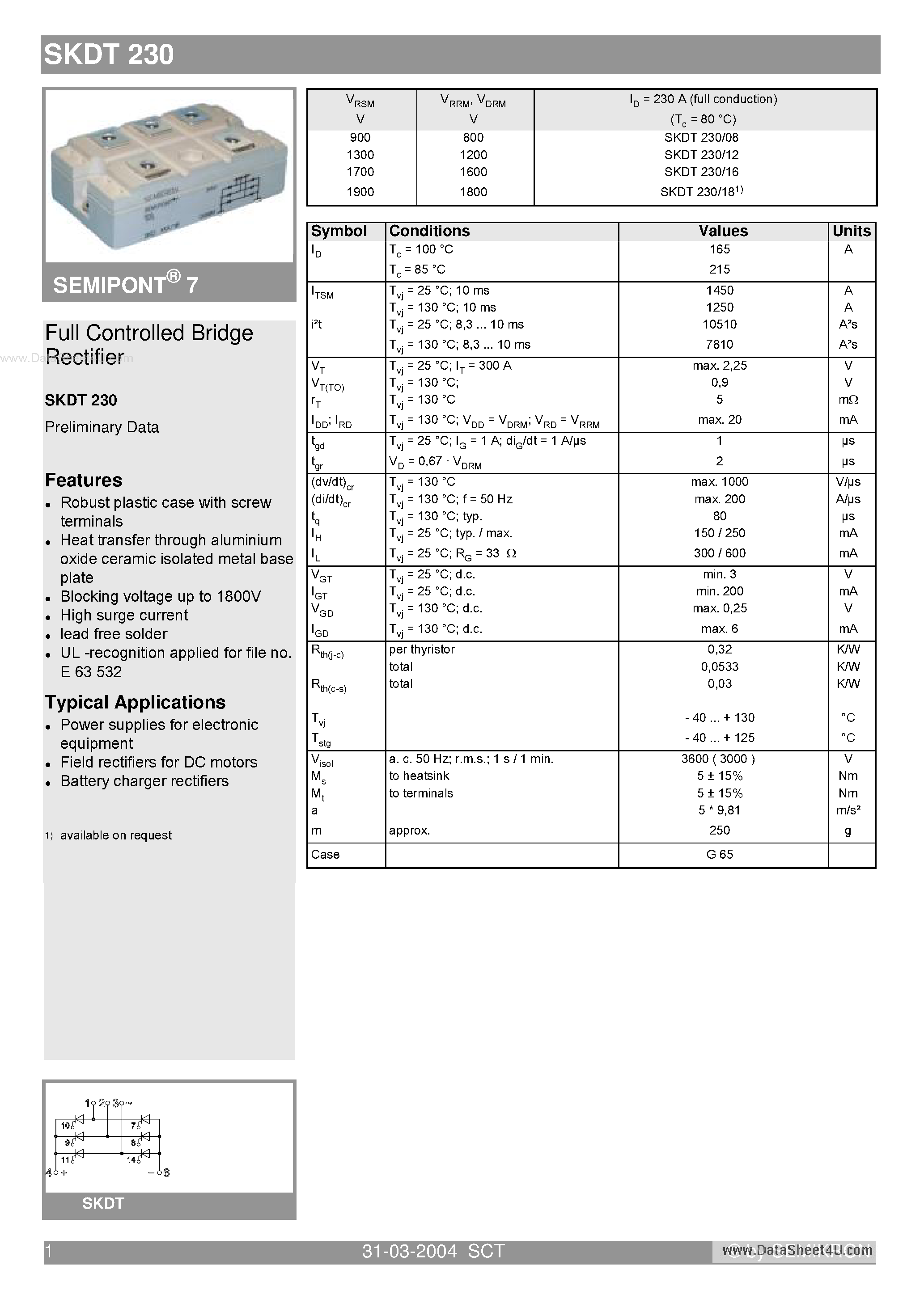 Datasheet SKDT230 - Bridge Rectifiers page 1