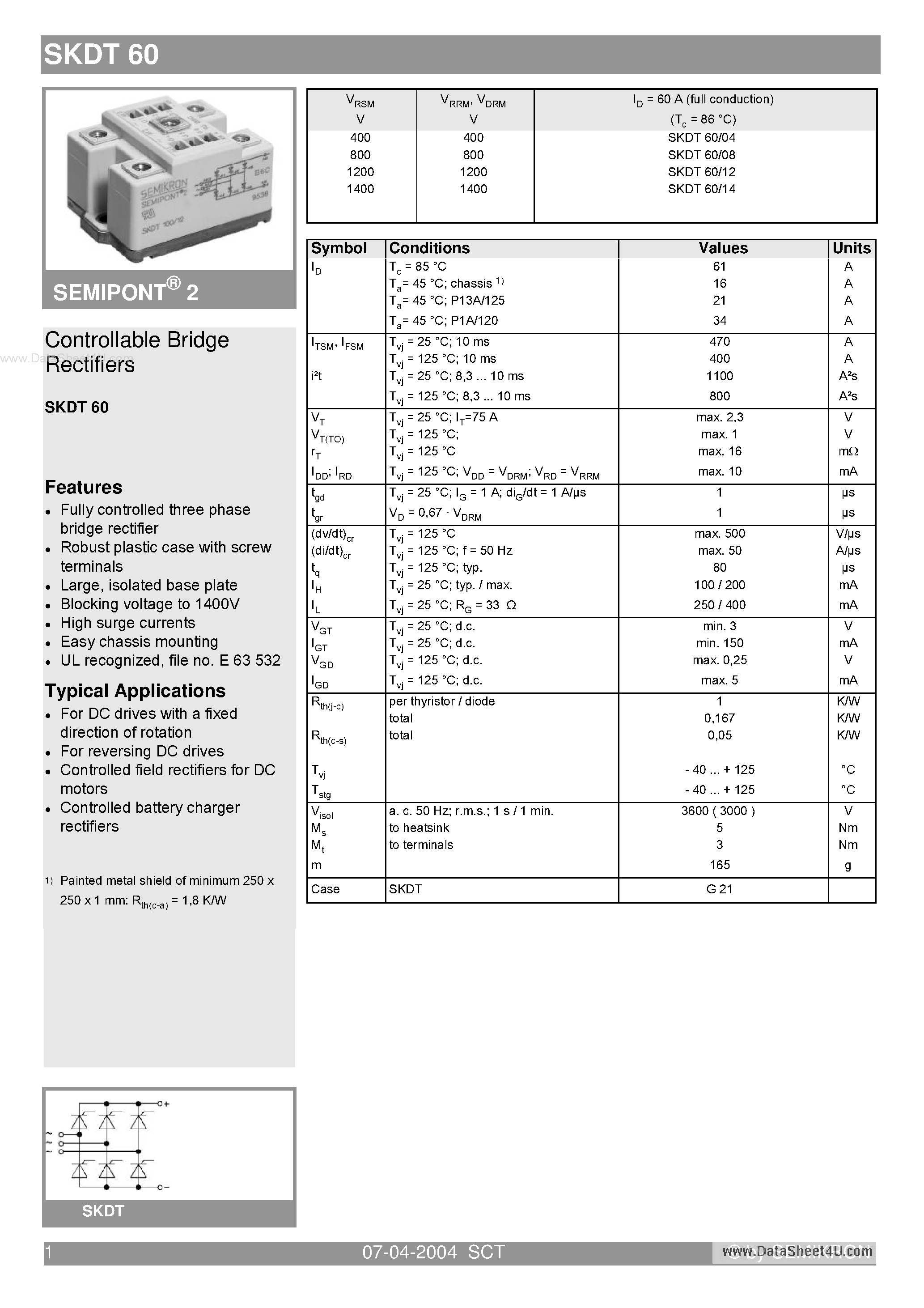 Datasheet SKDT60 - Bridge Rectifiers page 1
