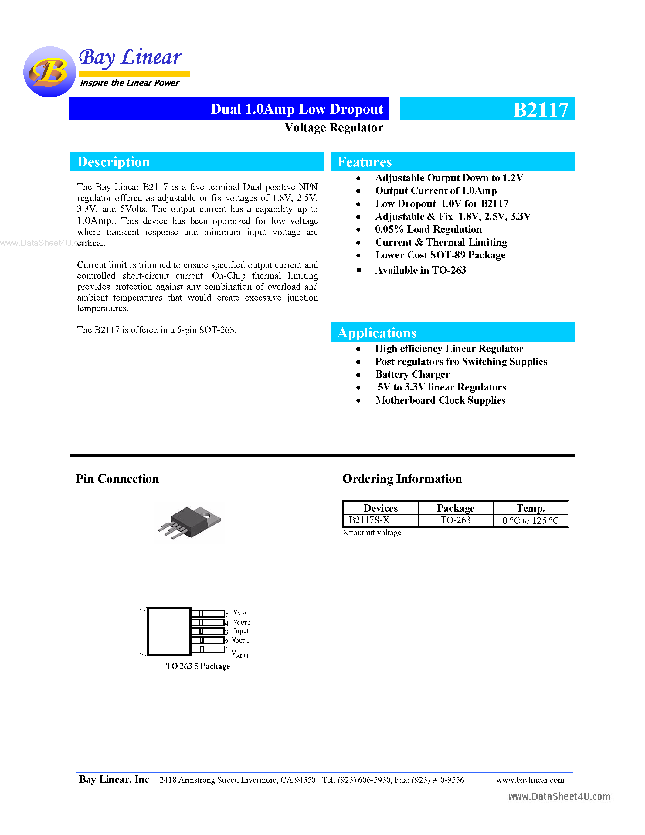 Datasheet B2117 page 1 Datasheet B2117 - 1A Dual 1 Amp LDO NPN Low Dropout Voltage Regulator page 1