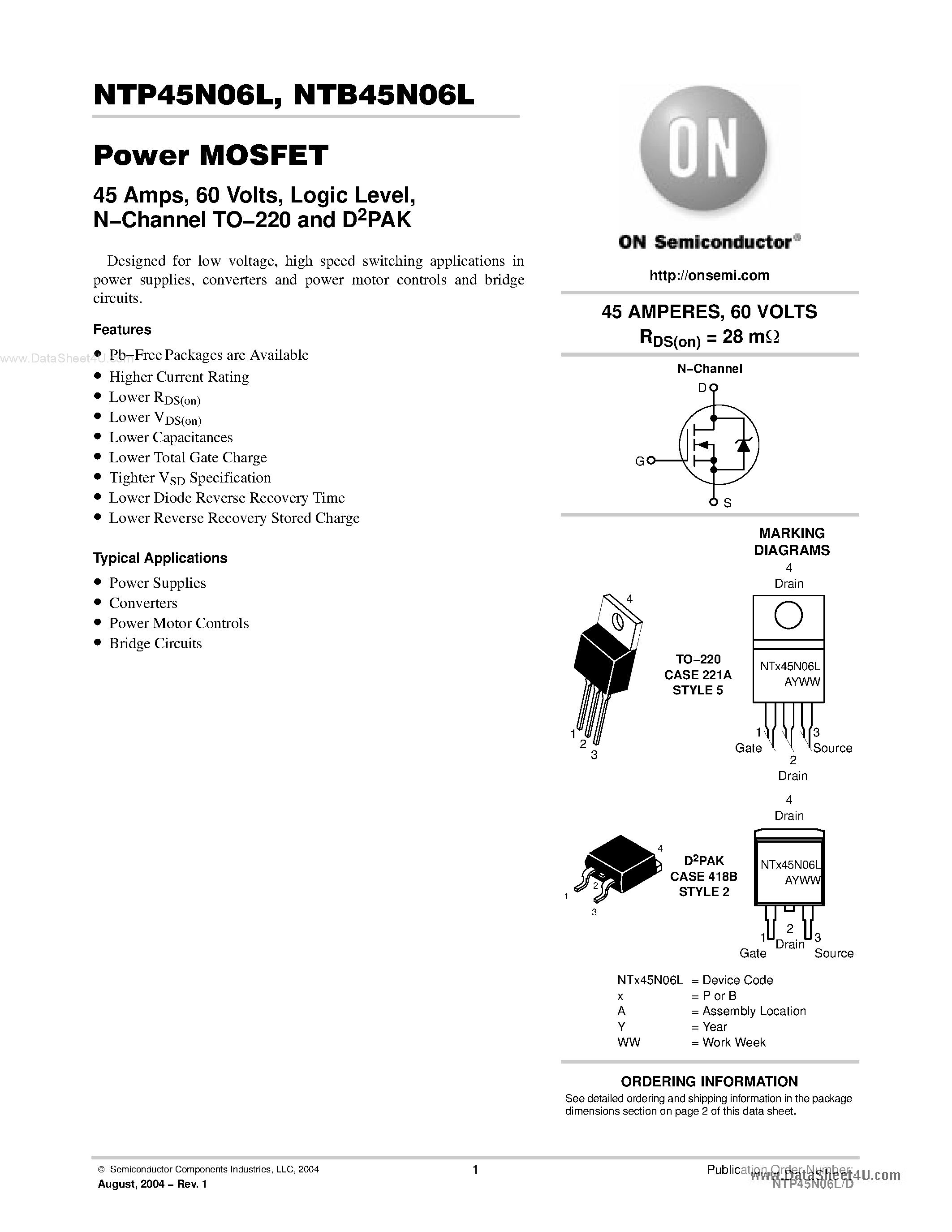 Datasheet NTB45N06L page 1 Datasheet NTB45N06L - N-Channel TO-220 and D2PAK page 1